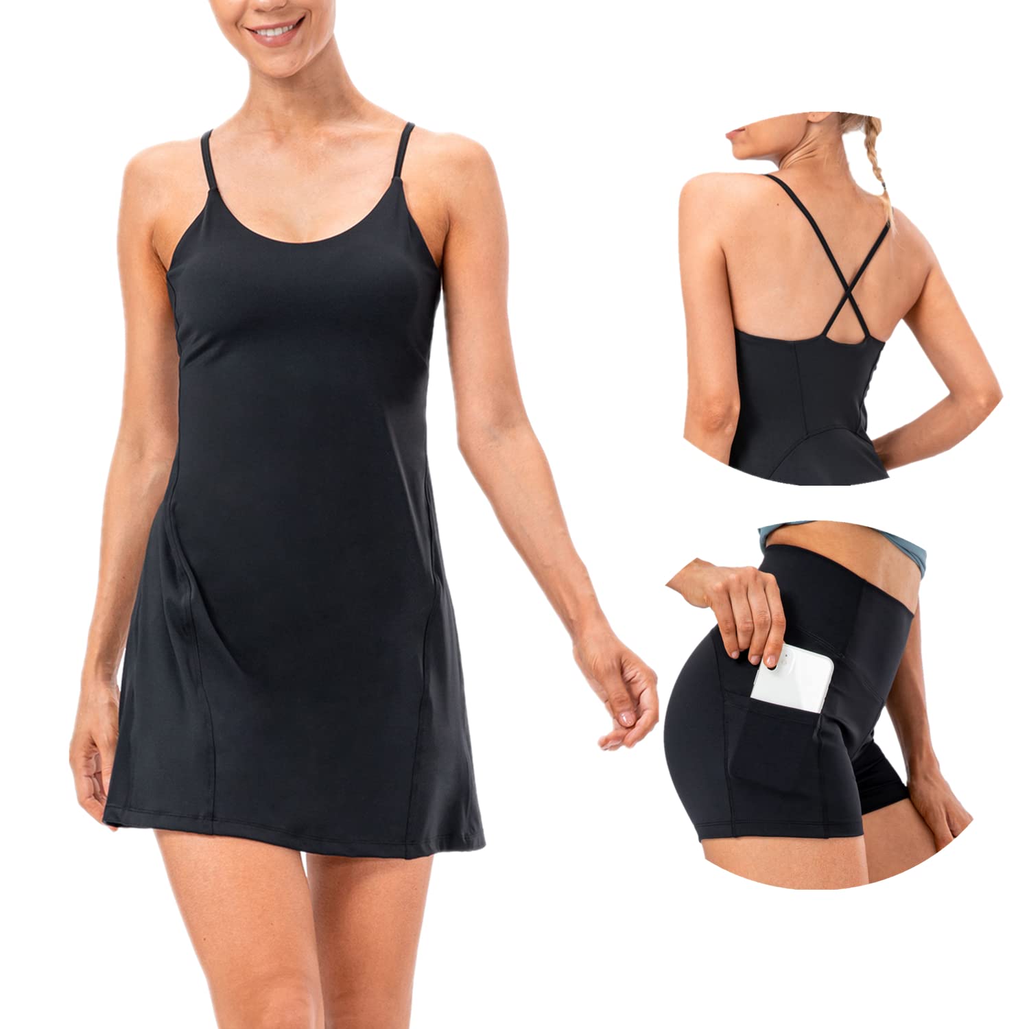 Women's Tennis Dress with Built-in Biker Shorts - 4 Pockets, High Waisted, Spaghetti Straps - Summer Athletic Dress for Golf, Sports & Workouts - Black X-Small - Perfect for Tennis Matches, Gym Sessions & Outdoor Activities