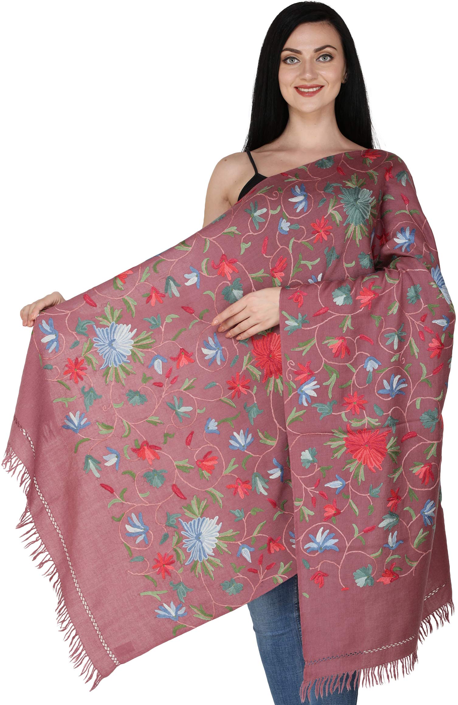 Exotic India Floral Aari Hand-Embroidered Wool Stole from Kashmir - Luxury Shawl for Women, Winter Fashion Accessory, Perfect for Weddings, Parties & Gifting