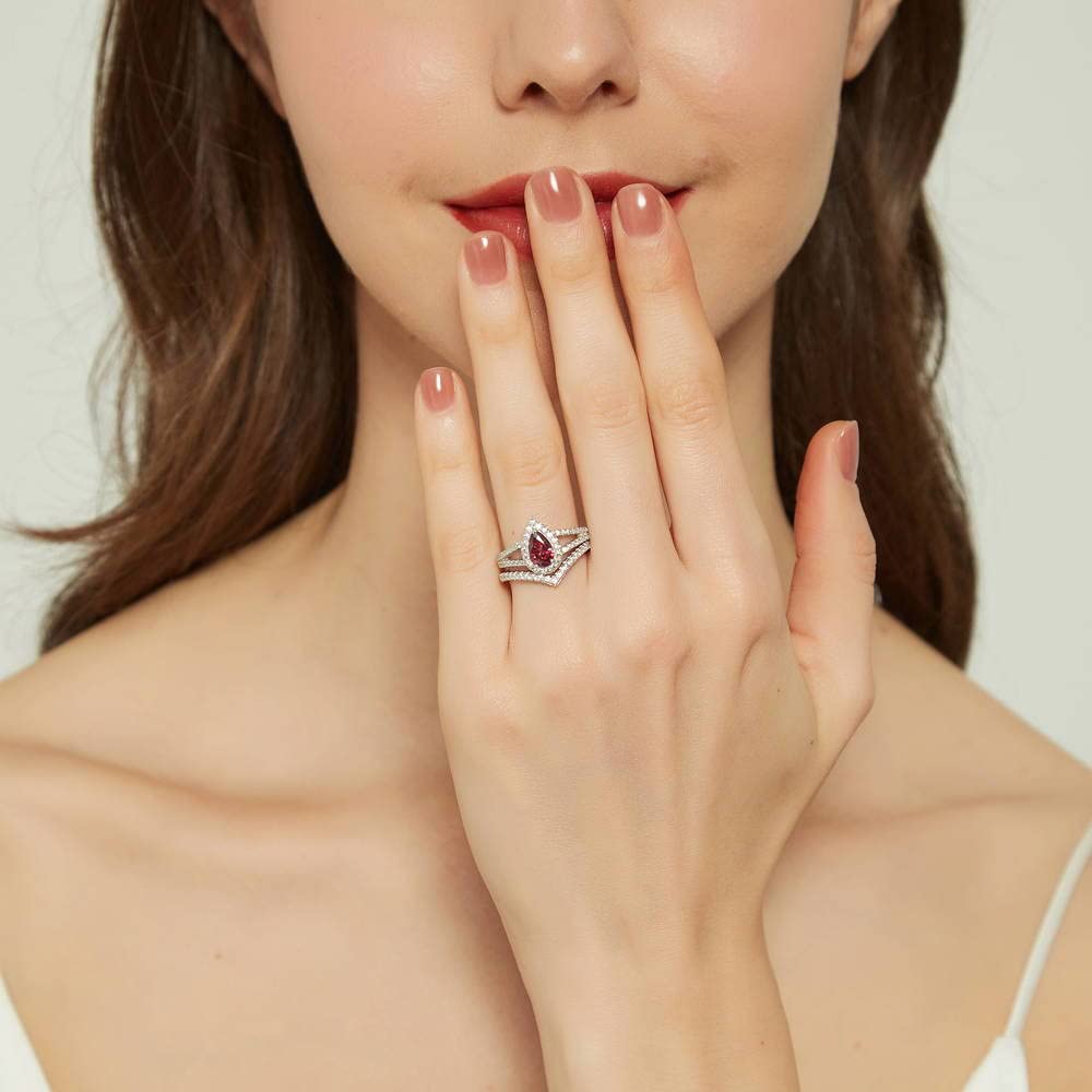 BERRICLE Sterling Silver Halo Wedding & Engagement Ring Set for Women - Red Pear Cut Cubic Zirconia CZ Wishbone Split Shank Design, Rhodium Plated (Size 4-10) | Perfect for Proposals, Anniversaries & Special Occasions
