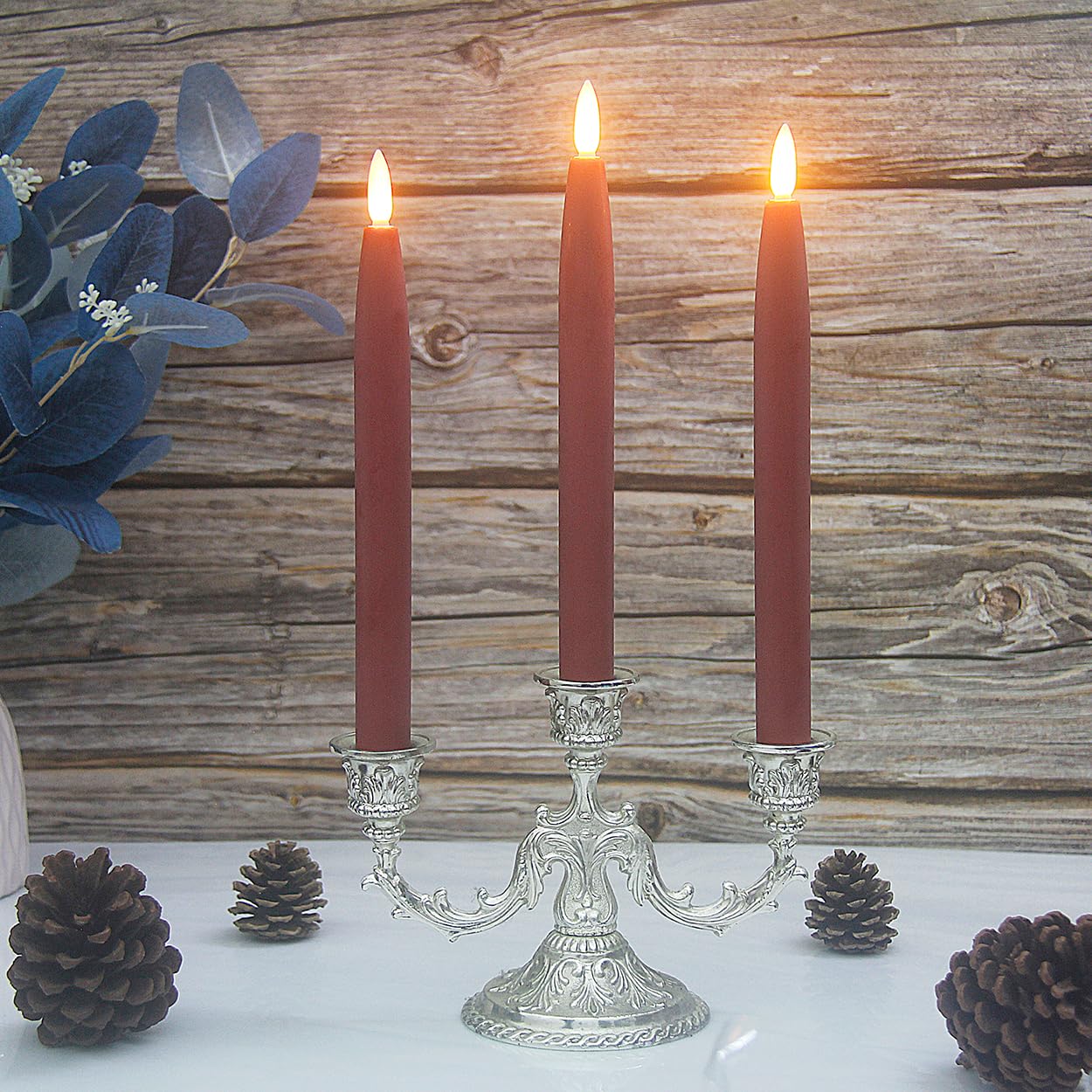 Battery Operated Flameless Taper Candles with Timer & Remote - Set of 3 Real Wax LED Tapered Dinner Candles for Windows, Dining Tables, Christmas Decorations, Wedding Centerpieces (Red) - Perfect for Holiday Lighting, Romantic Dinners & Home Decor