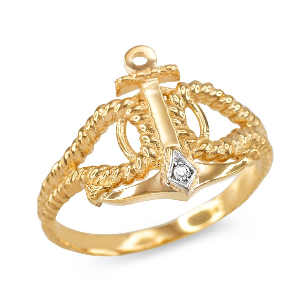 14K Yellow Gold Twisted Nautical Rope & Anchor Diamond Ring - Modern Contemporary Jewelry for Women | Perfect for Weddings, Anniversaries & Everyday Elegance