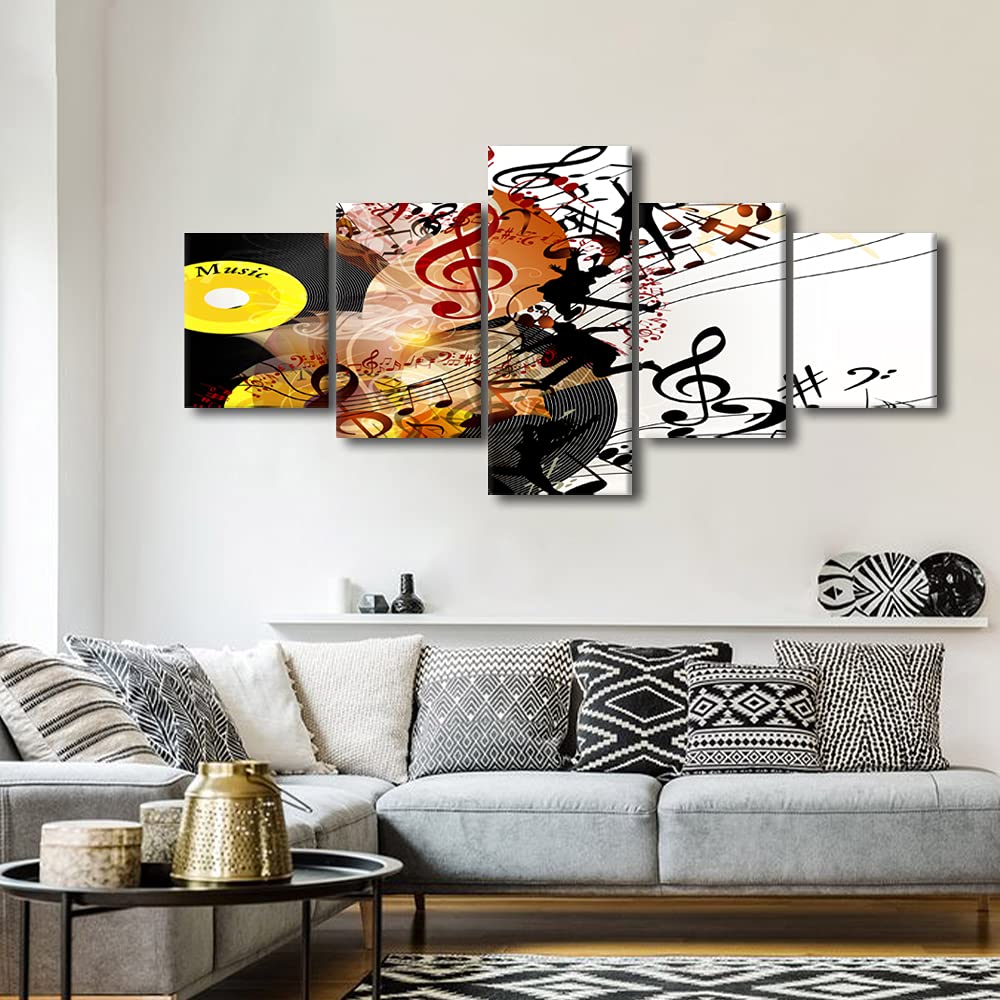 TUMOVO 5-Panel Music Note Wall Art - Black Vinyl Record Painting Abstract Artwork for Bedroom & Living Room Decor - Framed Ready to Hang Poster (50