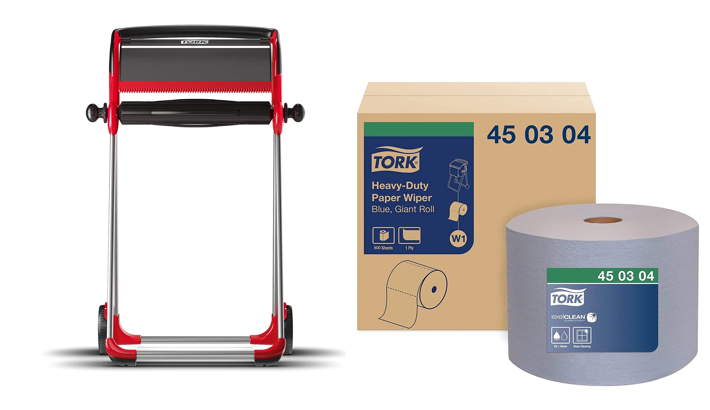 Tork Industrial Floor Stand Paper Towel Roll Dispenser - Heavy-Duty Commercial Paper Towel Holder with 800-Sheet Refill (Red Stand + Blue Wipers) - Ideal for Restaurants, Warehouses & Industrial Facilities