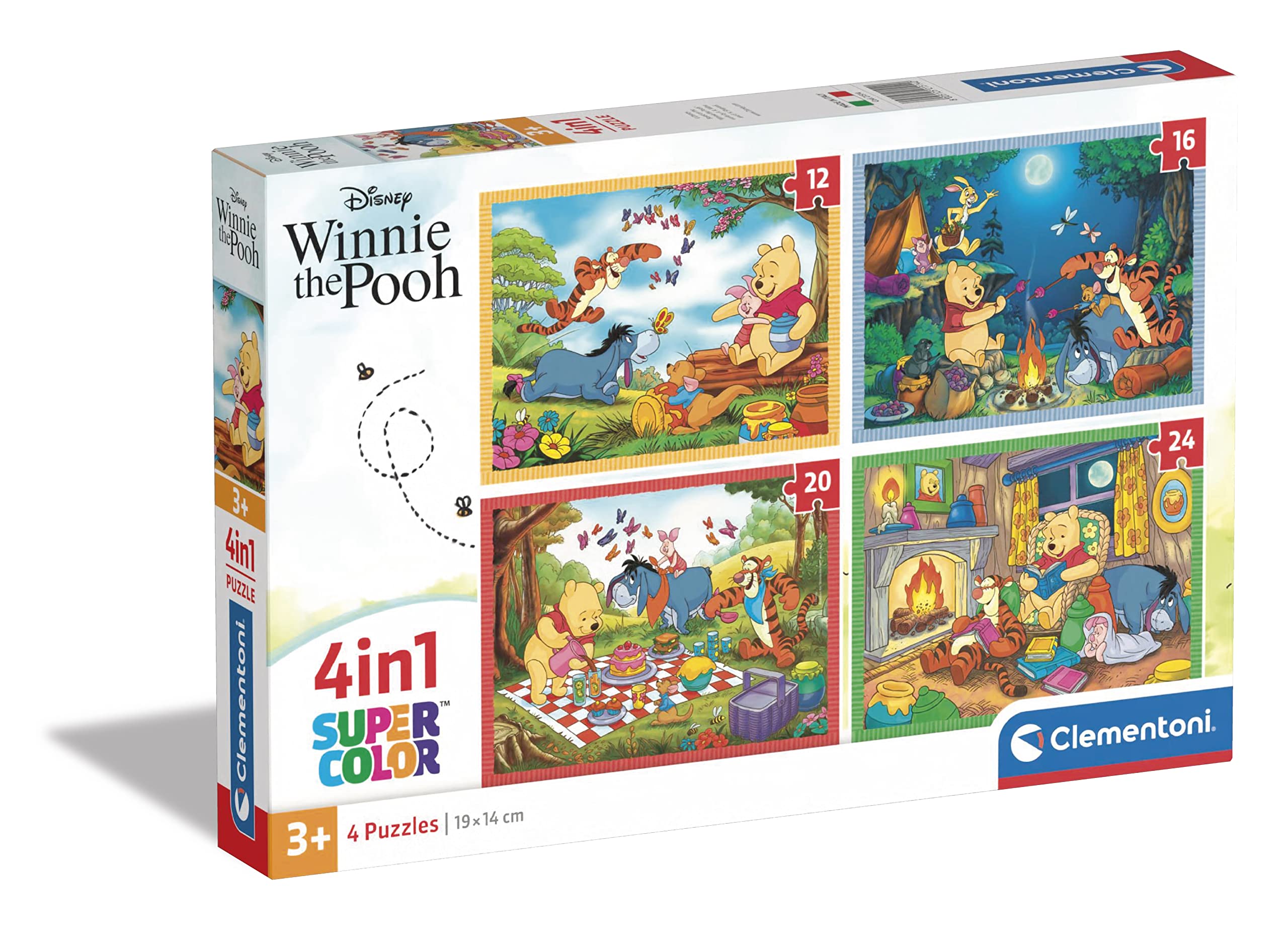 Clementoni Supercolor 4-in-1 Progressive Puzzle Set - Disney Winnie The Pooh (12/16/20/24 Pieces) - Educational Jigsaw Puzzles for Kids Ages 3+ - Cartoon Animal Theme - Made in Italy - Perfect for Preschool Learning & Family Game Night