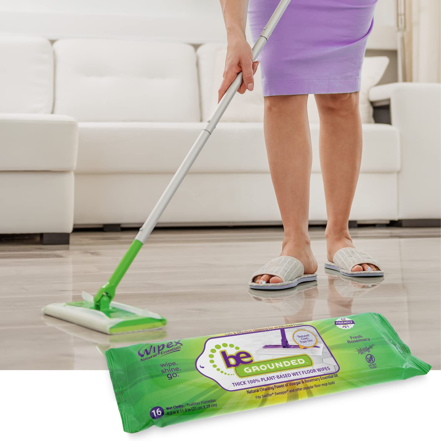 Wipex Natural Wet Floor Cleaning Wipes for Swiffer Sweeper - Plant-Based Textured Cloth with Rosemary Oil & Vinegar, Absorbs Dirt & Grime, 16 Count (Pack of 3) - Perfect for Hardwood, Tile & Laminate Floors
