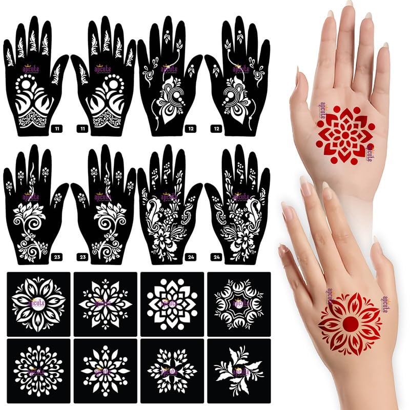 APCUTE 18-Piece Combo Pack Reusable Henna Mehndi Stencil Stickers for Women, Girls & Kids - Quick & Easy DIY Tattoo & Body Art Designs - Perfect for Weddings, Parties & Festive Celebrations