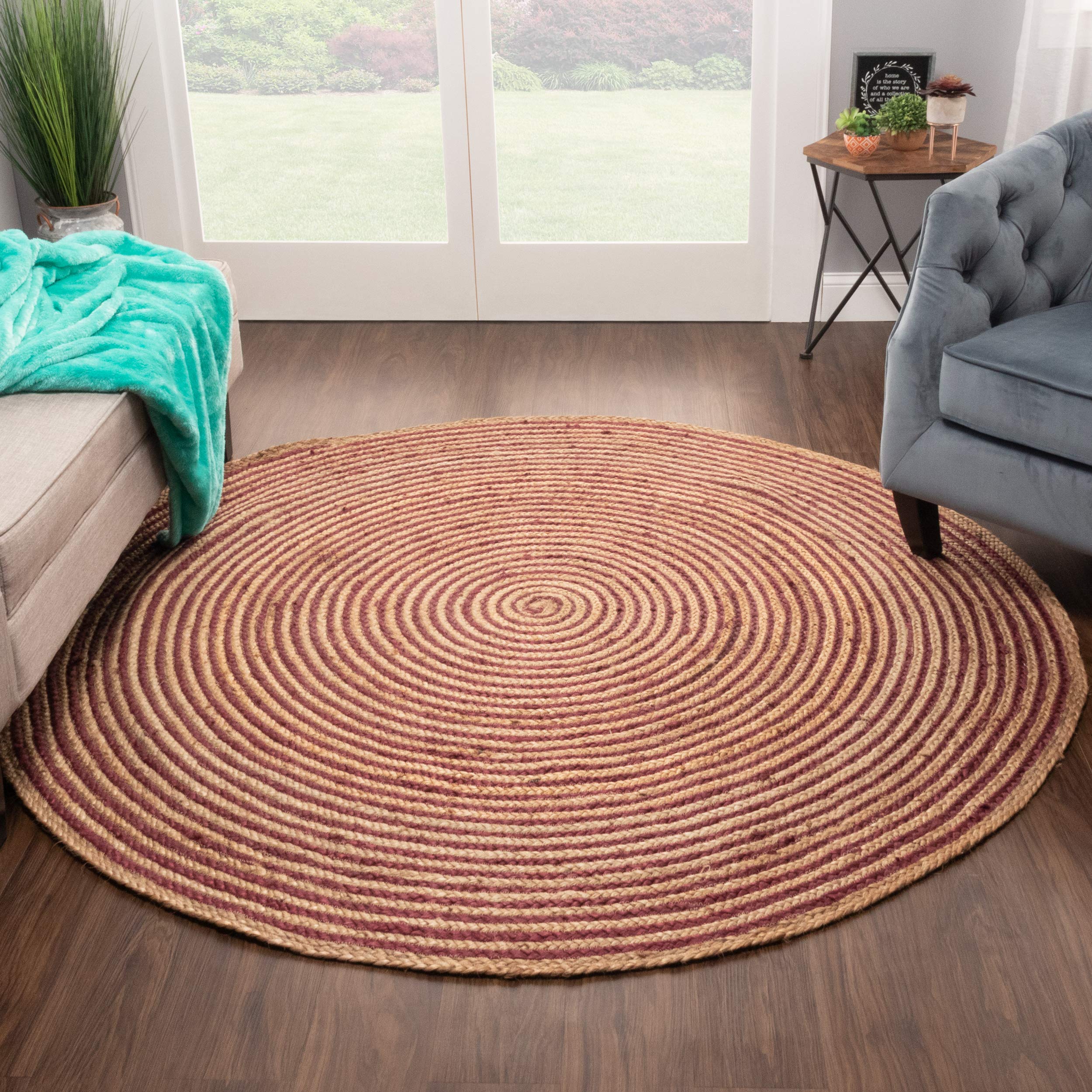 Premium Handwoven Braided Jute Area Rug - 8' Round Burgundy Indoor Floor Mat for Living Room, Dining Room, Bedroom & Office - Eco-Friendly Farmhouse Decor Perfect for Cozy Home Spaces