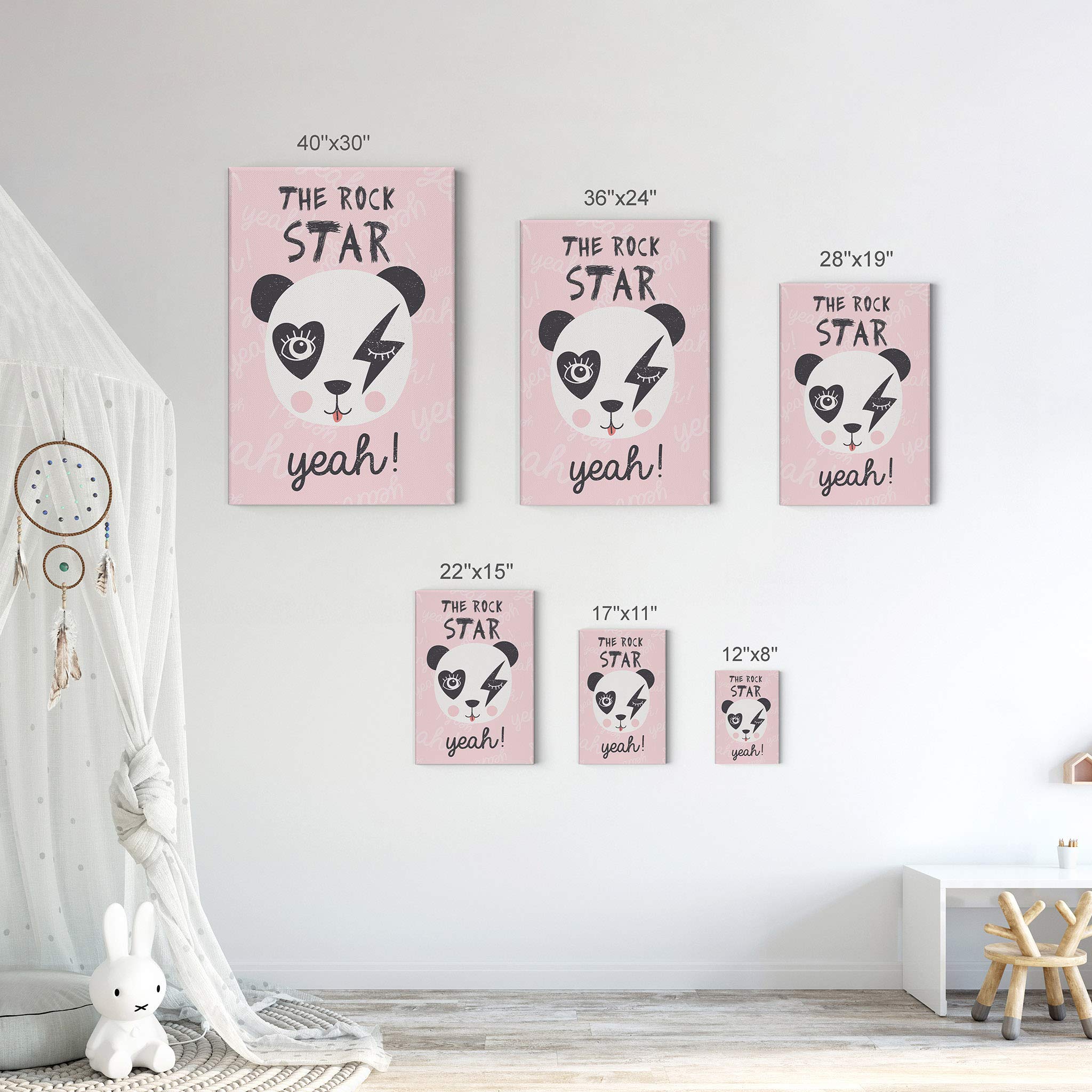 The Rock Star Yeah Panda Canvas Print - Pink Background Wall Art for Kids Room, Nursery & Baby Room Decor - Ready to Hang 22x15 Inches - Made in USA | Perfect for Playrooms, Bedrooms & Gift Giving