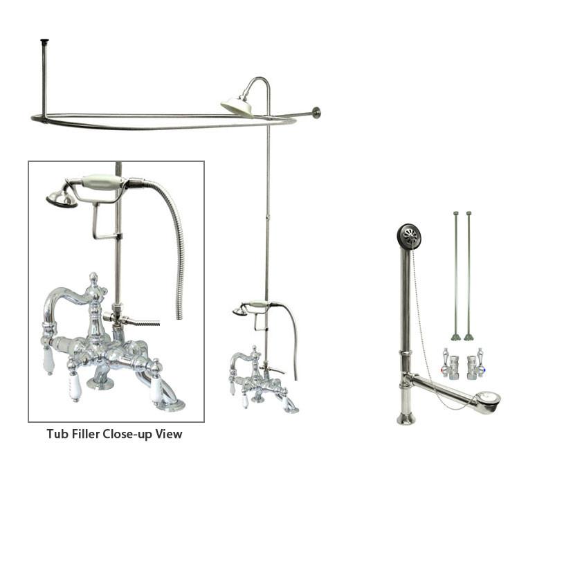 Chrome Clawfoot Tub Faucet Shower Kit with Enclosure Curtain Rod 2010T1CTS - Vintage Style Bathroom Fixture for Classic & Modern Homes | Perfect for Bathroom Renovations & Spa-Like Retreats
