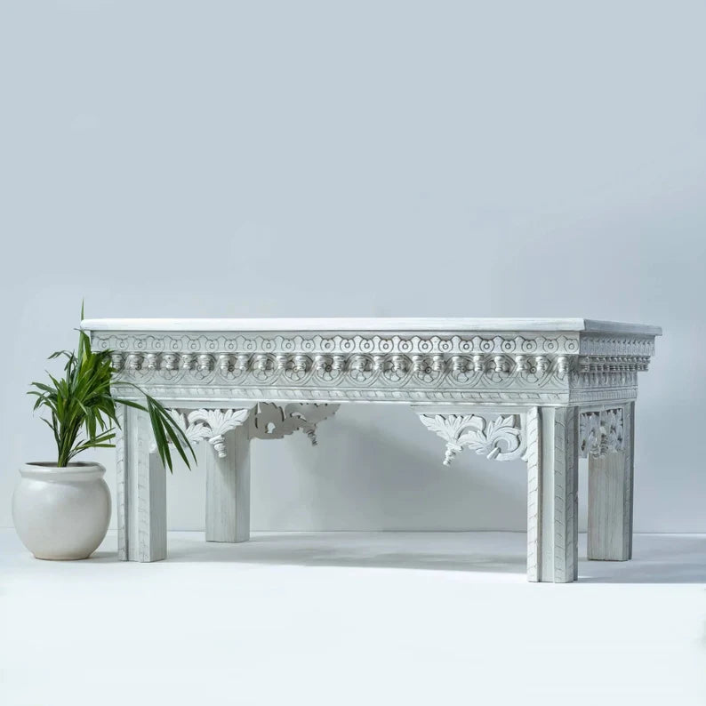 Hand Carved Solid Wood Coffee Table - White | Rustic Farmhouse Living Room Furniture for Home Decor