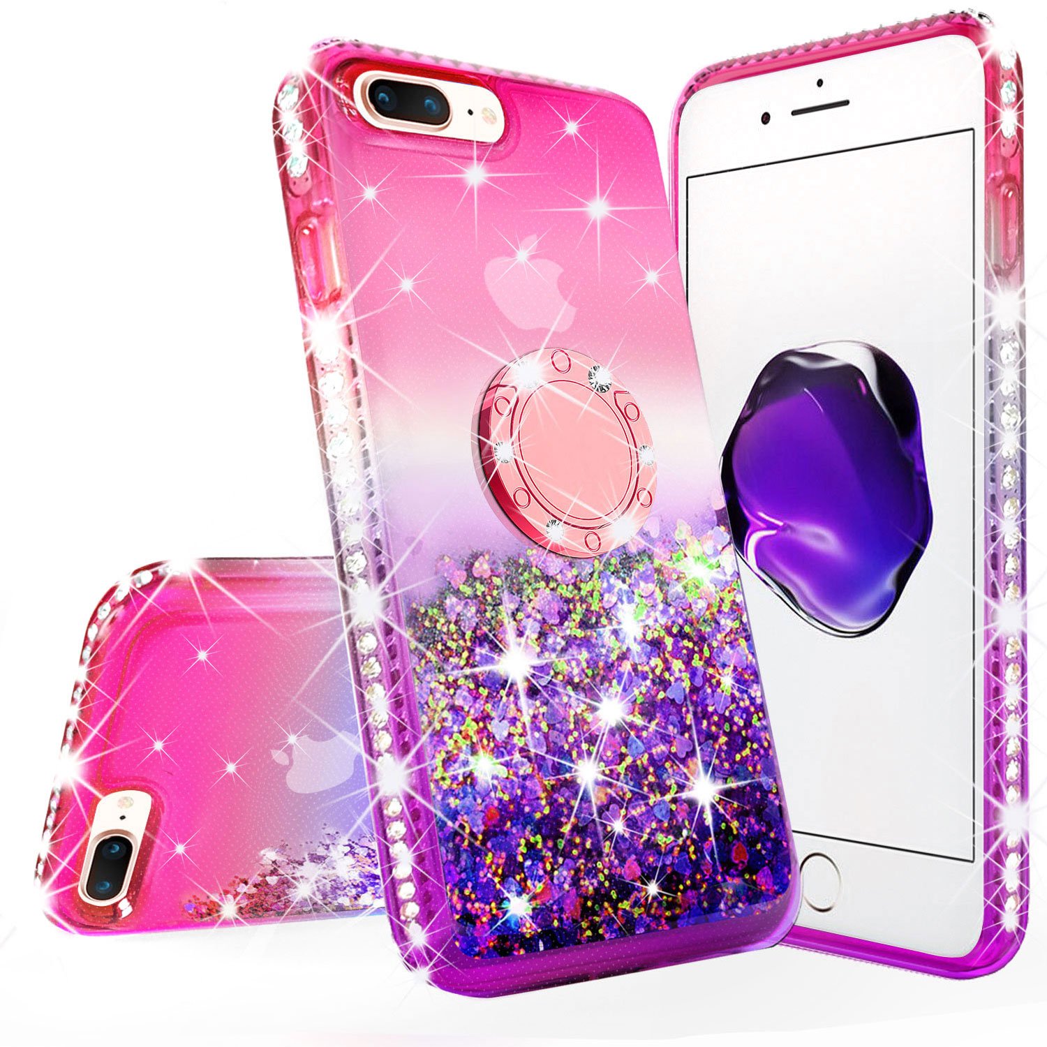 Cute Shockproof Liquid Glitter Phone Case with Ring Kickstand for iPhone 7 Plus/8 Plus - Hot Pink & Purple | Trendy Protective Case for Women & Girls | Perfect for Everyday Use, Parties & Travel