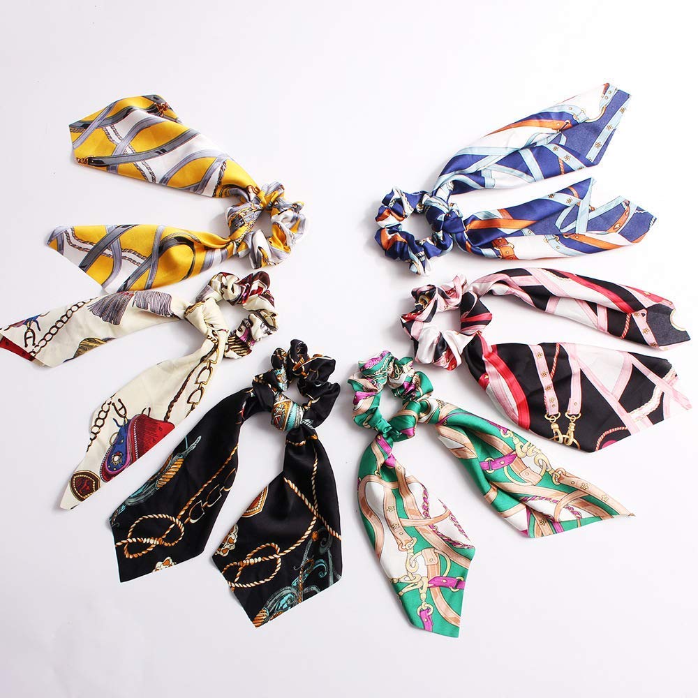 Printed Hair Scrunchies for Women & Girls - 12 Pack Multicolor Satin & Chiffon Elastic Hair Ties, Ponytail Holders & Hair Bands - Perfect for School, Work, Parties & Everyday Styling