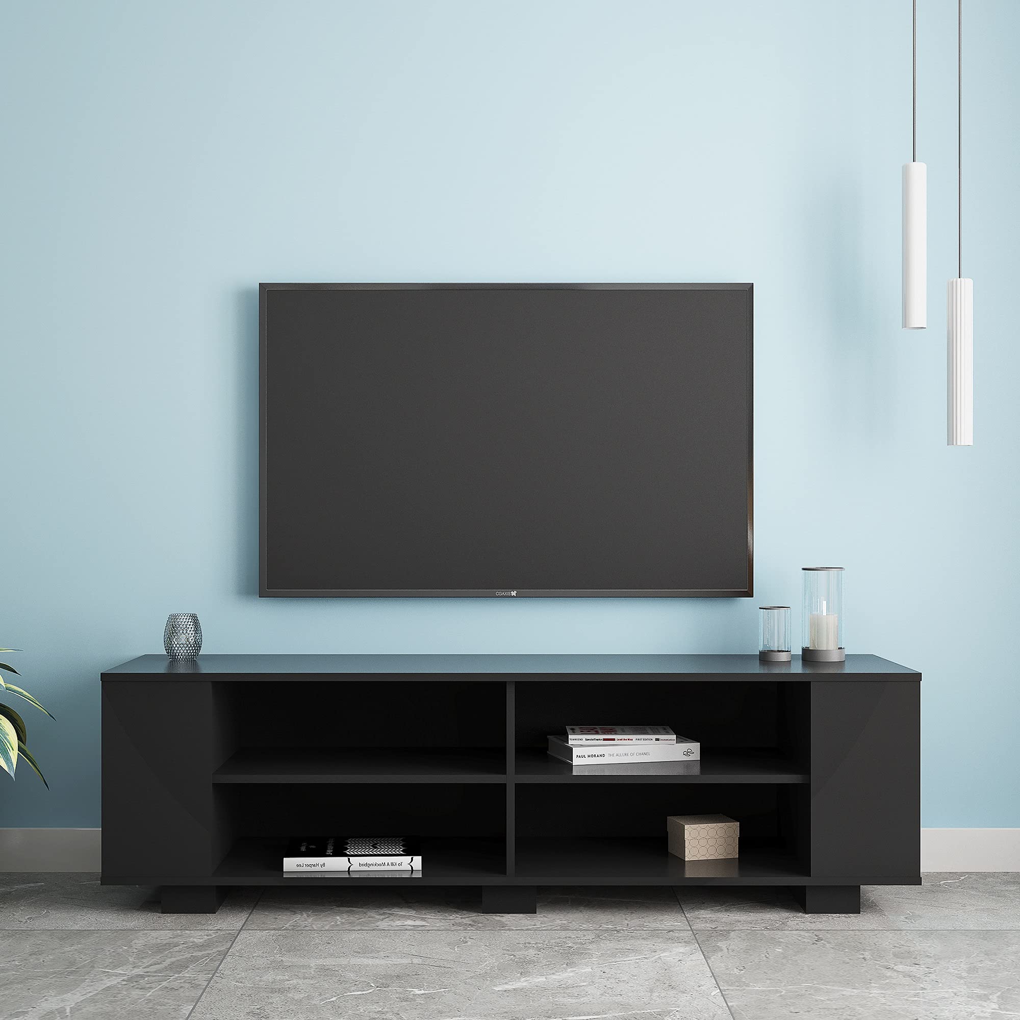 Mid-Century Modern TV Stand for 65-Inch Flat Screens - Universal Entertainment Center with 8 Open Shelves, TV Storage Cabinet for Living Room & Bedroom - Black | Perfect for Home Theater Setup & Media Organization