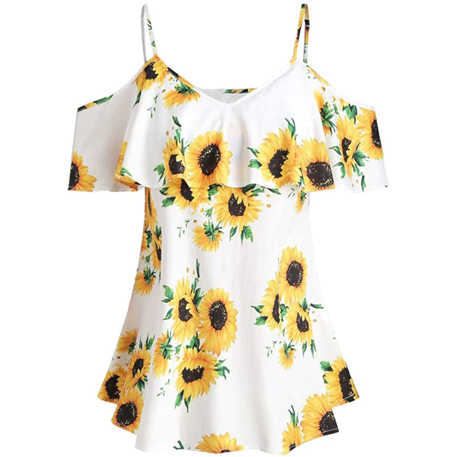 Women's Summer Tops 2023 - Fashion Sunflower Printed Camisole Short Sleeve Blouse with Ruffles & Cold Shoulder Design | Casual Wear, Beach Outfit, Vacation Style