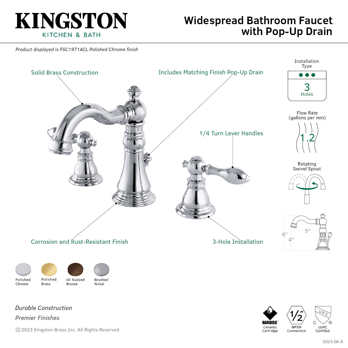 American Classic FSC1971ACL 3-Hole Widespread Bathroom Faucet with Pop-Up Drain - Polished Chrome Finish - Perfect for Modern Bathroom Renovations & Vanity Upgrades