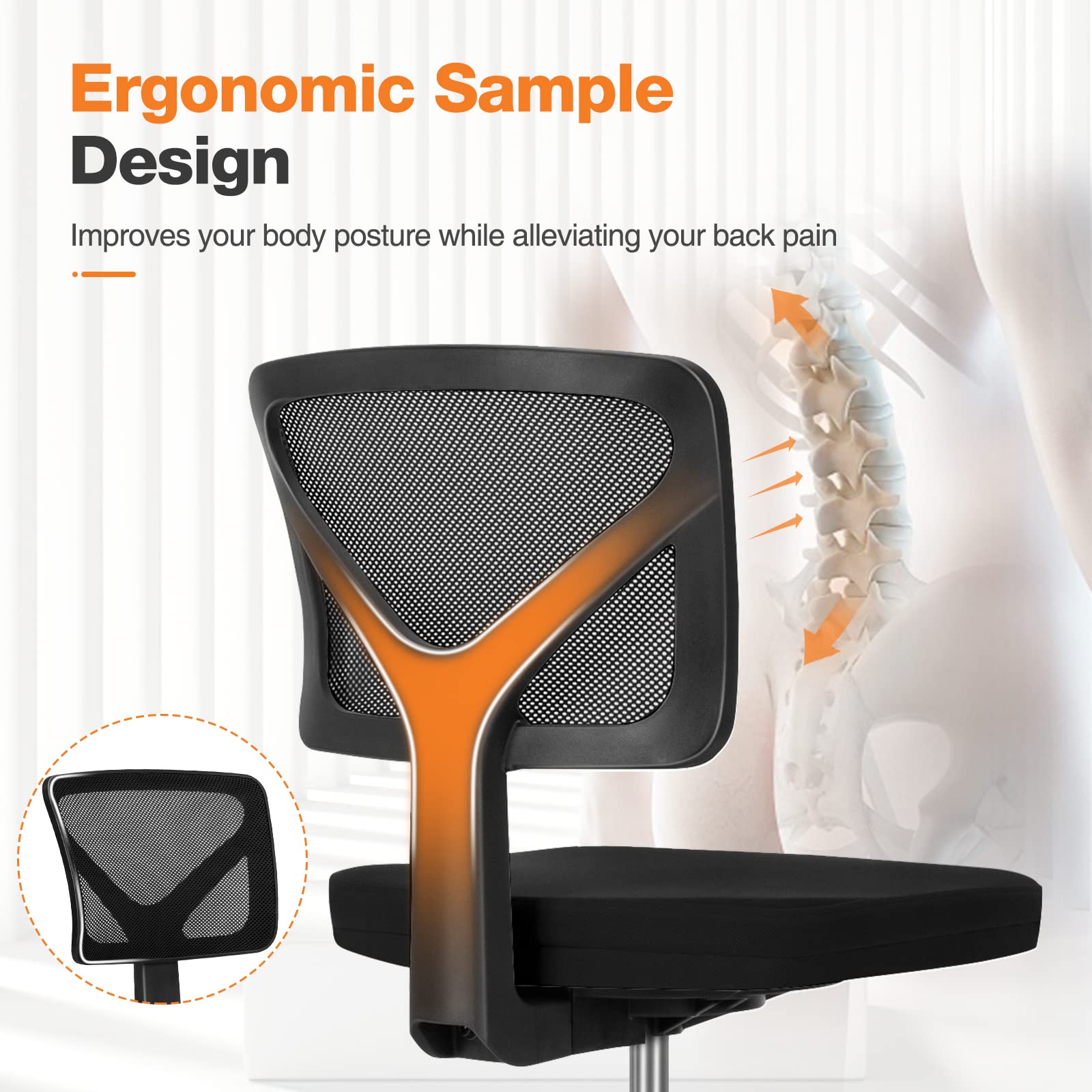 Ergonomic Armless Small Home Office Desk Chair - Adjustable Low Back Computer Chair with Lumbar Support & Rolling Swivel Wheels for Small Spaces (1 Pack) - Perfect for Compact Home Offices, Dorm Rooms & Workspaces