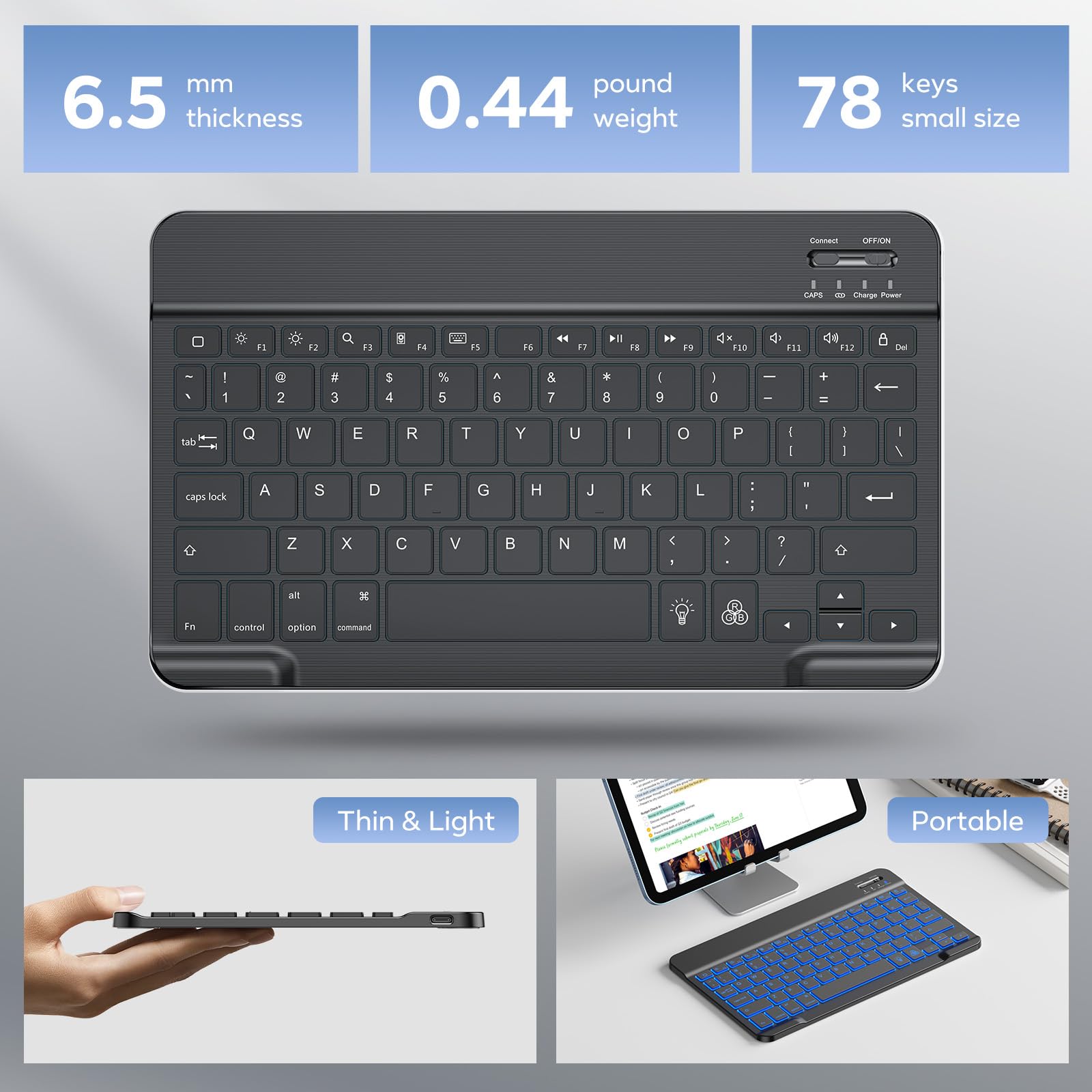 OMOTON Wireless Bluetooth Keyboard - Rechargeable Backlit LED Keyboard for iPad Pro, Air, Mini | Compatible with Apple iPad Tablets | Perfect for Home, Office & Travel Use (Black)