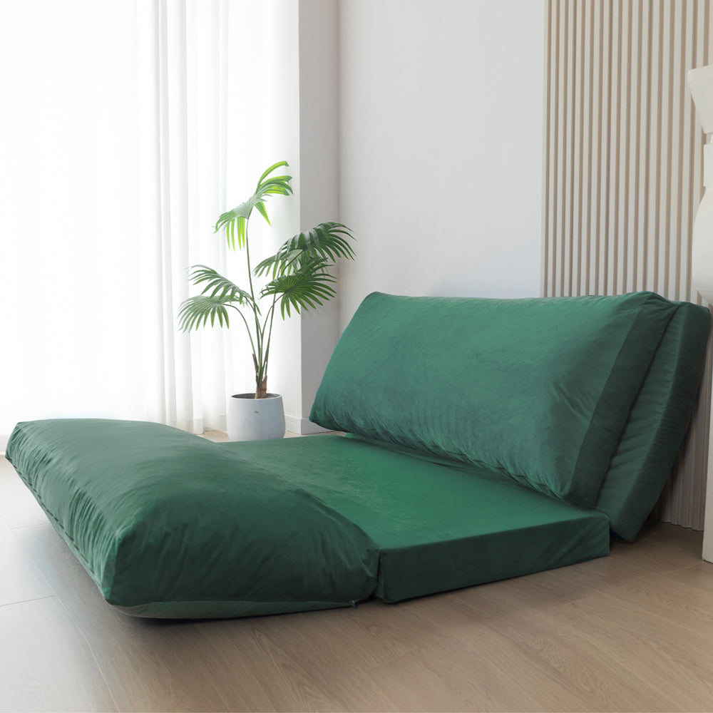 MAXYOYO Velvet Bean Bag Folding Sofa Bed - Washable Cover for Adults, Green | Portable Floor Lounger for Living Room, Bedroom & Dorm