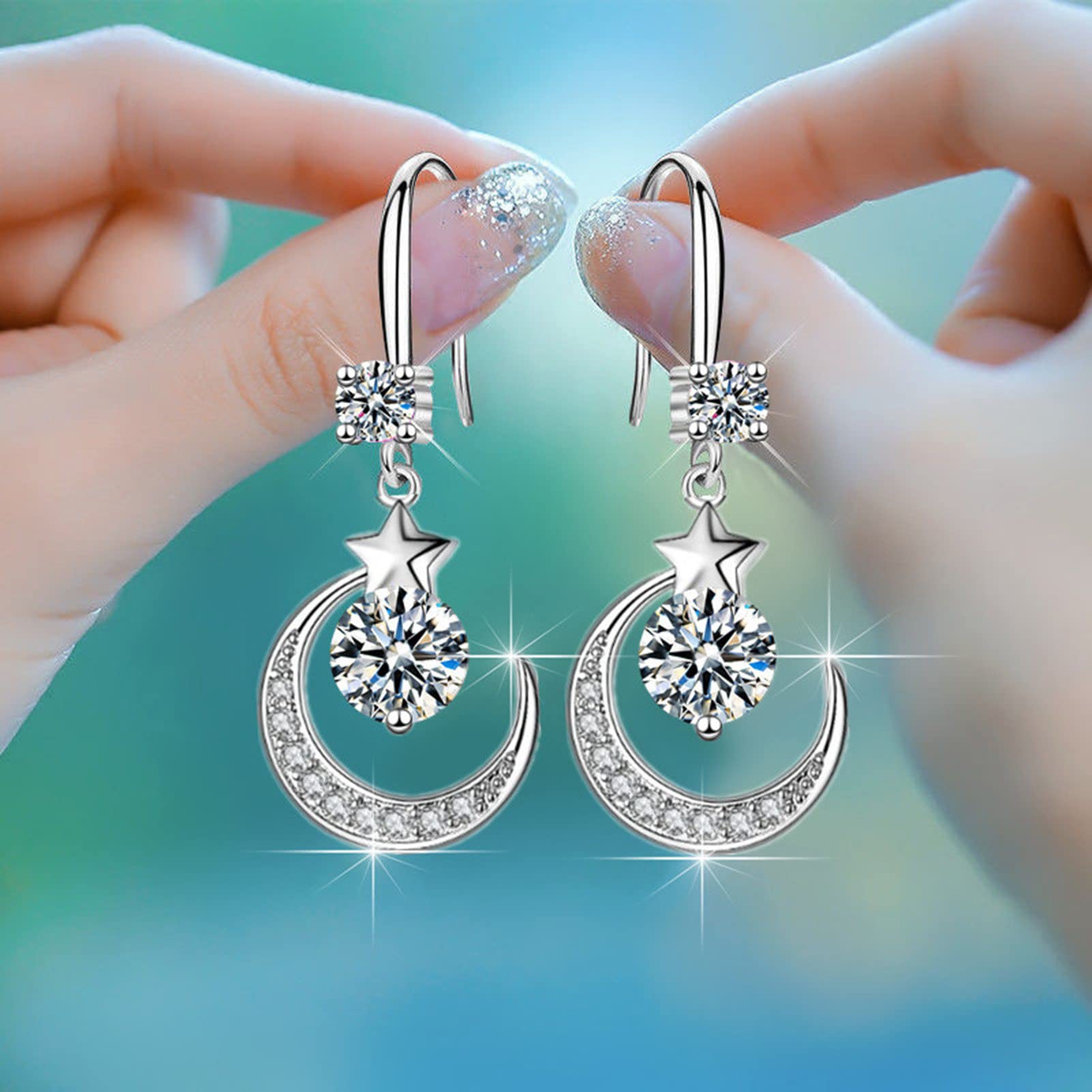 Sparkling Moon & Star Rhinestone Earrings for Women - Elegant Geometric Hook Earrings in White | Fashion Jewelry for Daily Wear, Parties & Special Occasions