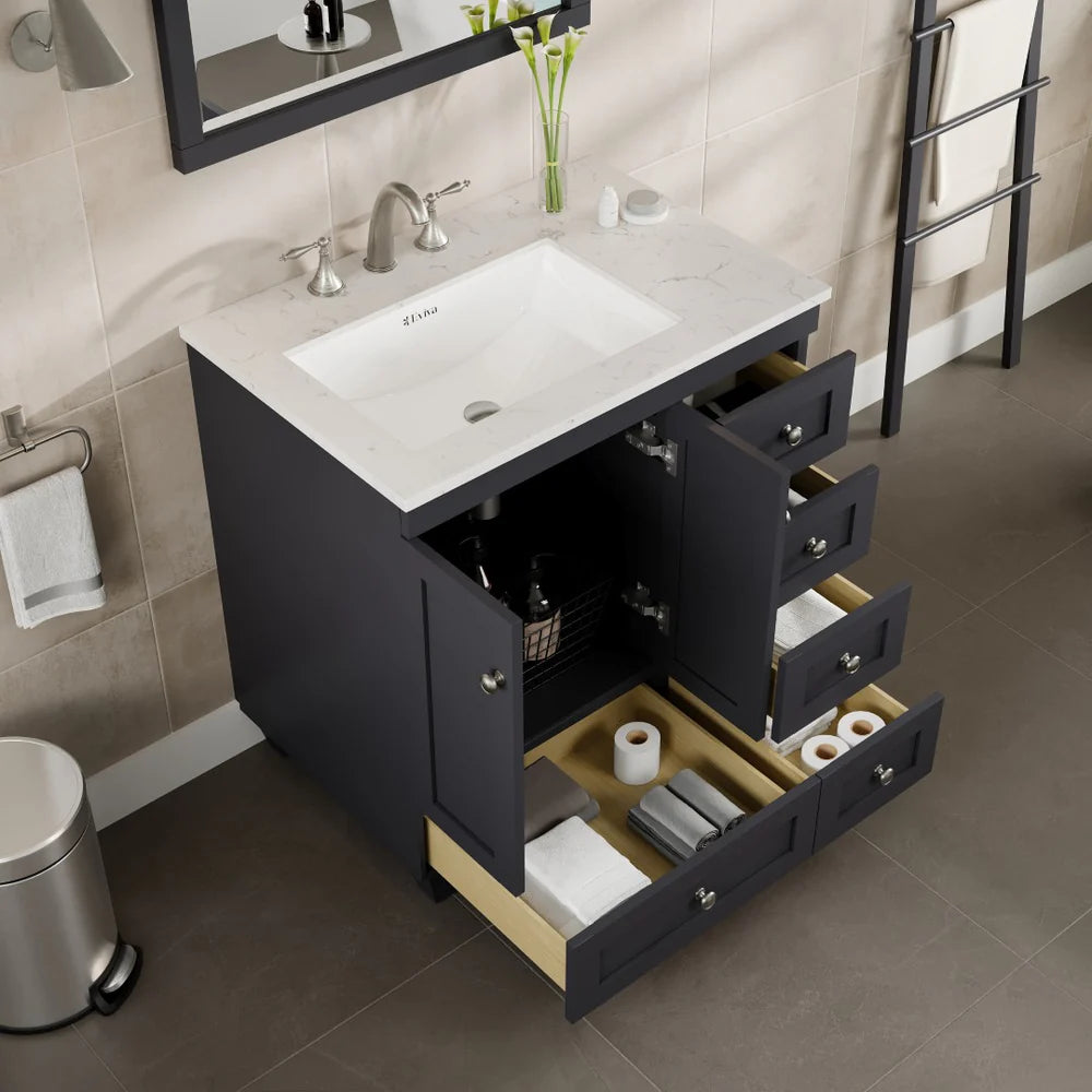 Eviva Acclaim 30 Inch Bathroom Vanity with Carrara Quartz Countertop - Modern White Bathroom Sink Cabinet for Small Spaces, Perfect for Powder Rooms and Guest Bathrooms