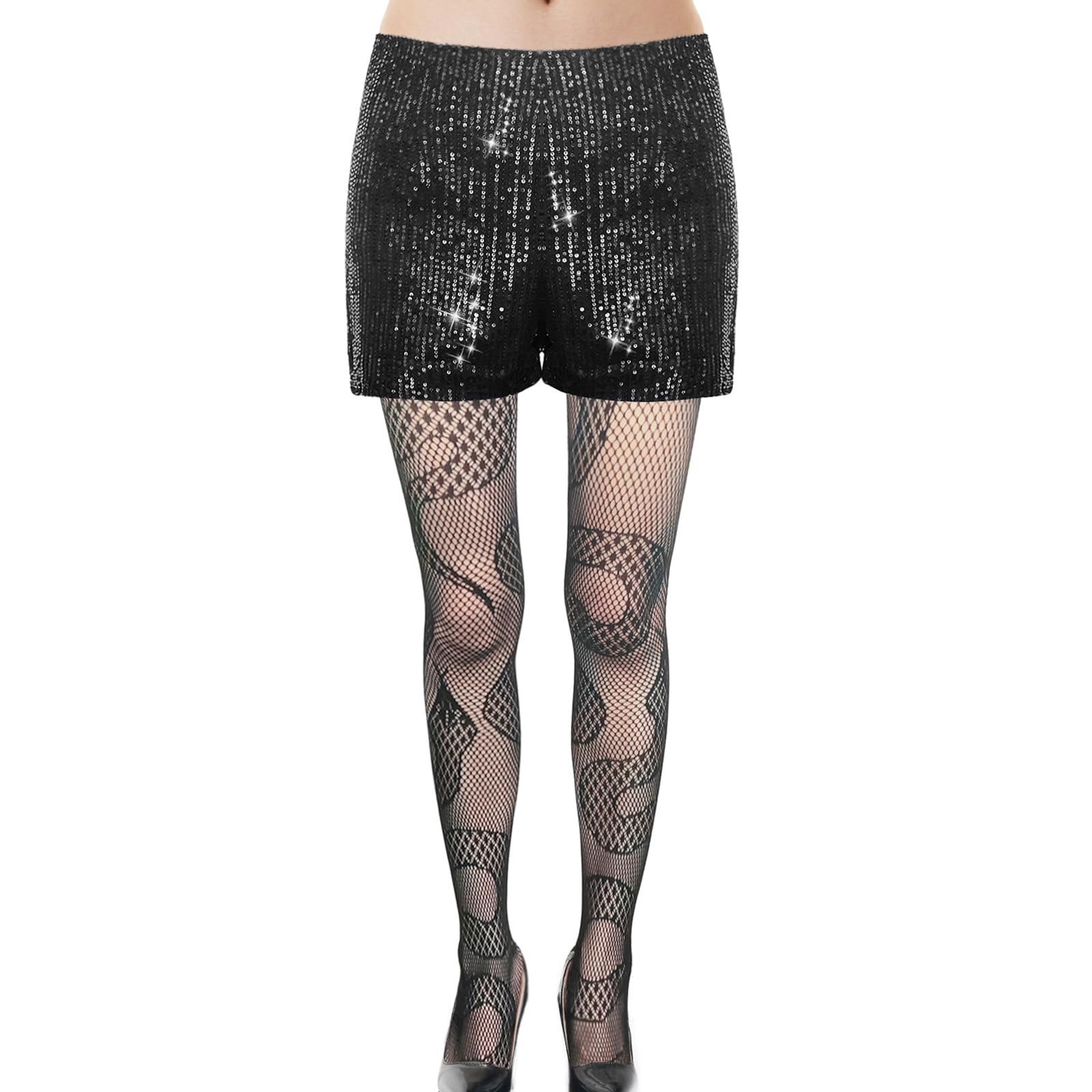 Sparkly High Waisted Sequin Shorts for Women - Black Glitter Party Shorts with Rhinestone & Fishnet Details | Perfect for Concerts, Nightclubs, Halloween & Festive Celebrations