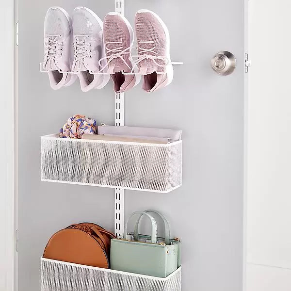 Elfa Shoe Wall & Door Rack - 4-Tier Shoe Organizer with 1 Medium & 1 Large Mesh Basket for Entryway, Closet & Bedroom Storage