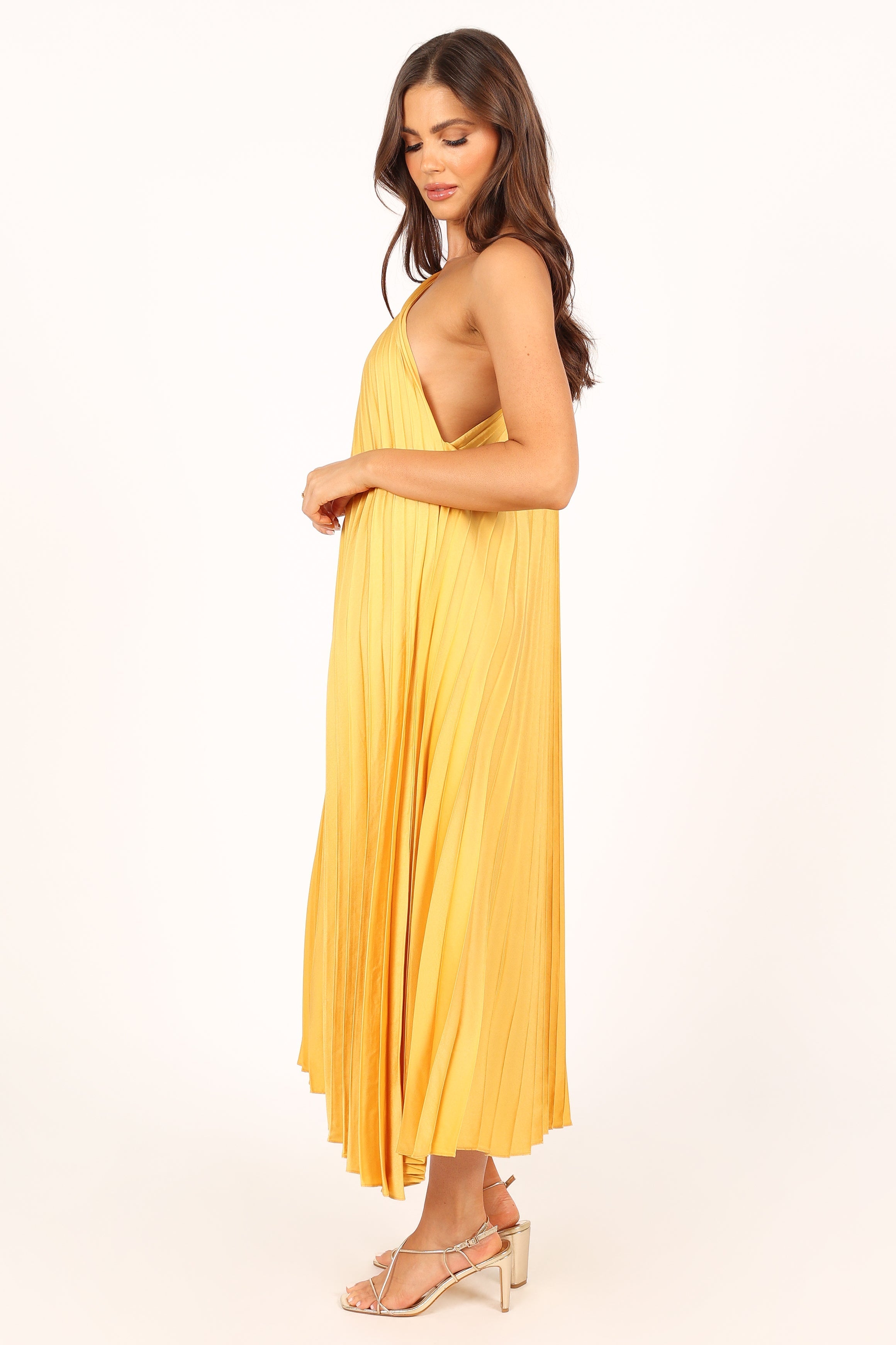 Elegant Cali One Shoulder Midi Dress in Saffron - Perfect for Summer Weddings, Beach Vacations & Date Nights
