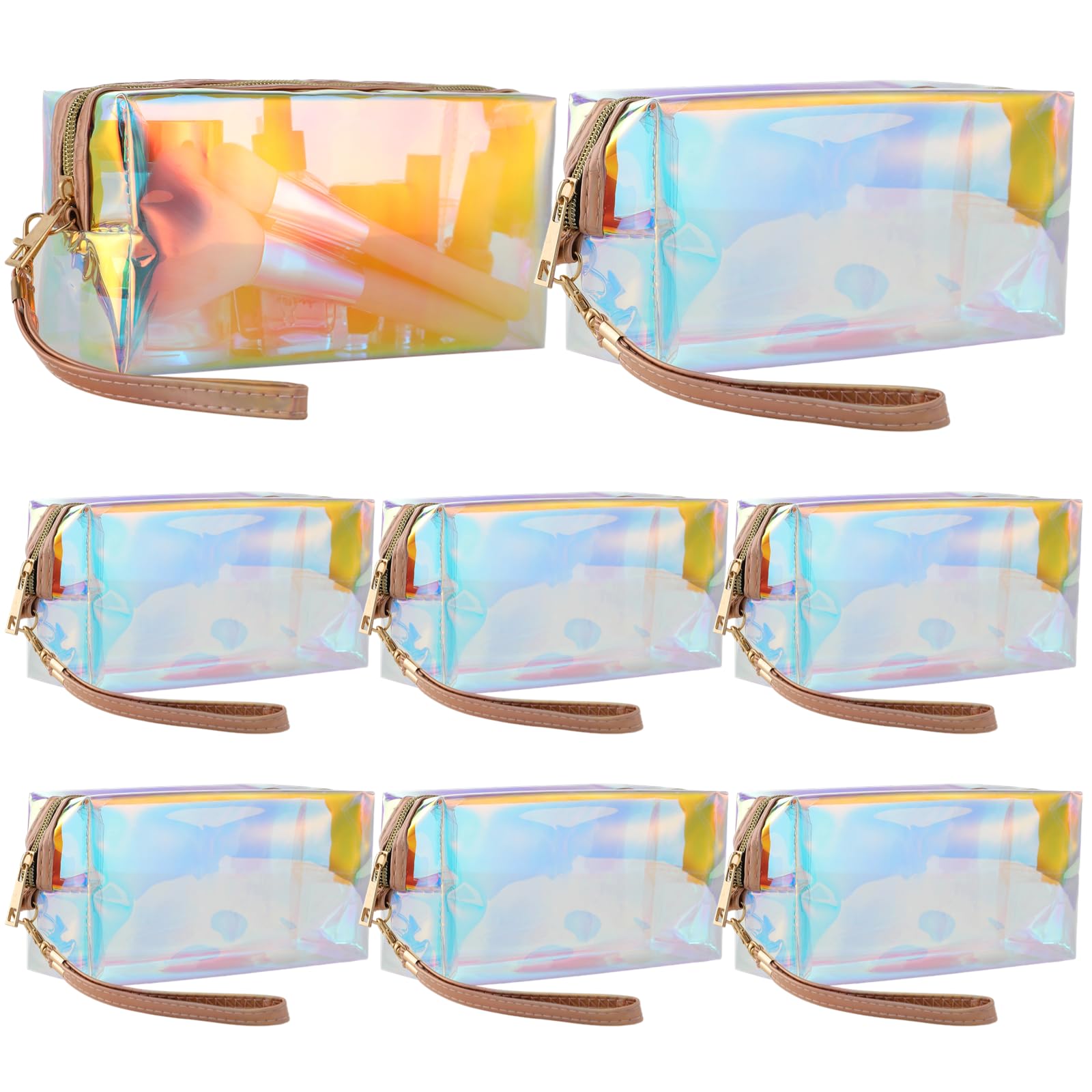 DIMEGON 8 Pcs Holographic Makeup Bags - Iridescent Clear Cosmetic Organizer with Zipper & Wrist Loop | Waterproof Travel Toiletry Pouch for Women | Perfect for Travel, Gym, Beach & Daily Makeup Storage