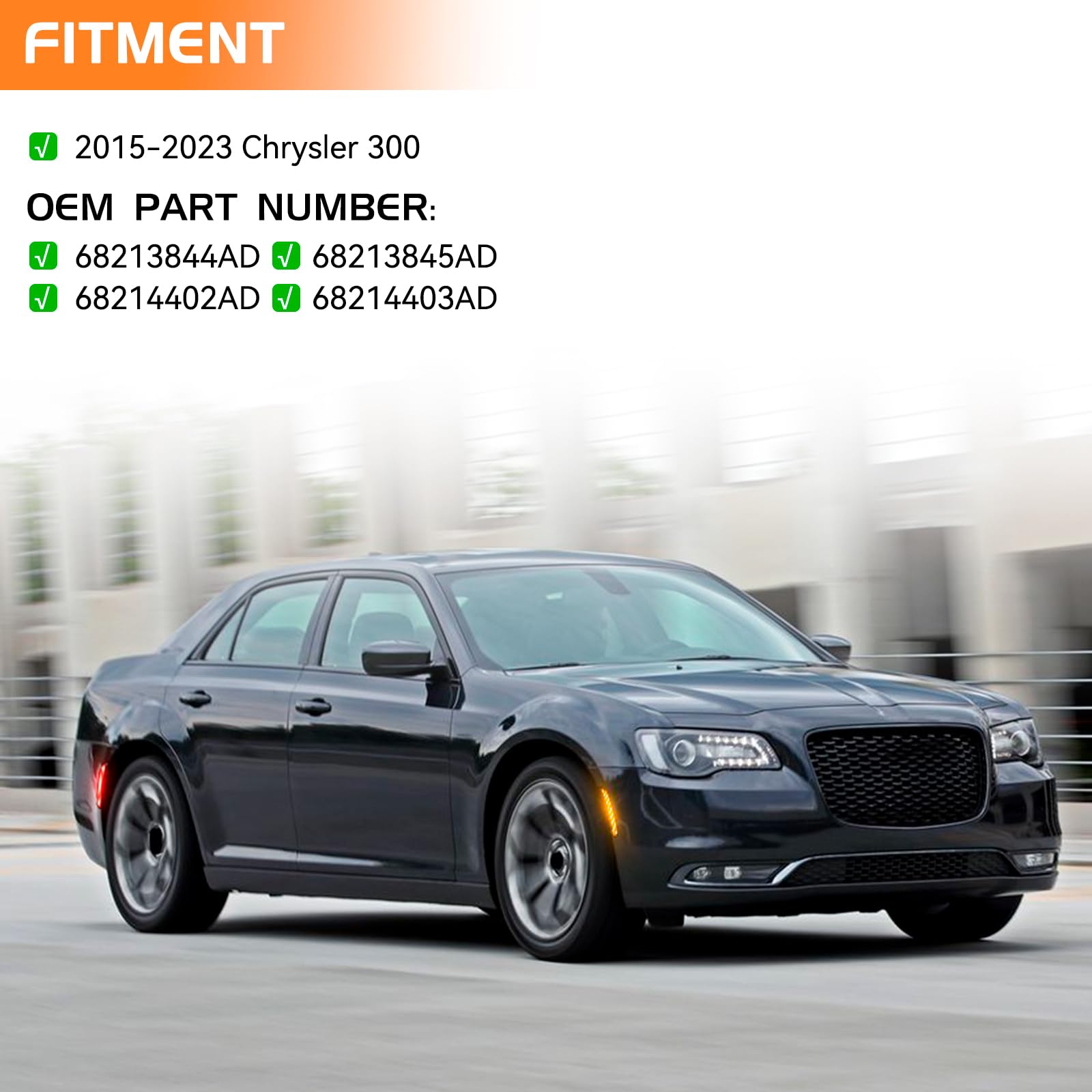 LED Side Marker Lights for Chrysler 300 2015-2022 - Smoked Lens Front/Rear Bumper Fender Sidemarkers with Dual-Row LED Lamps (Amber/Red) - Enhanced Visibility & Safety for Night Driving & Parking