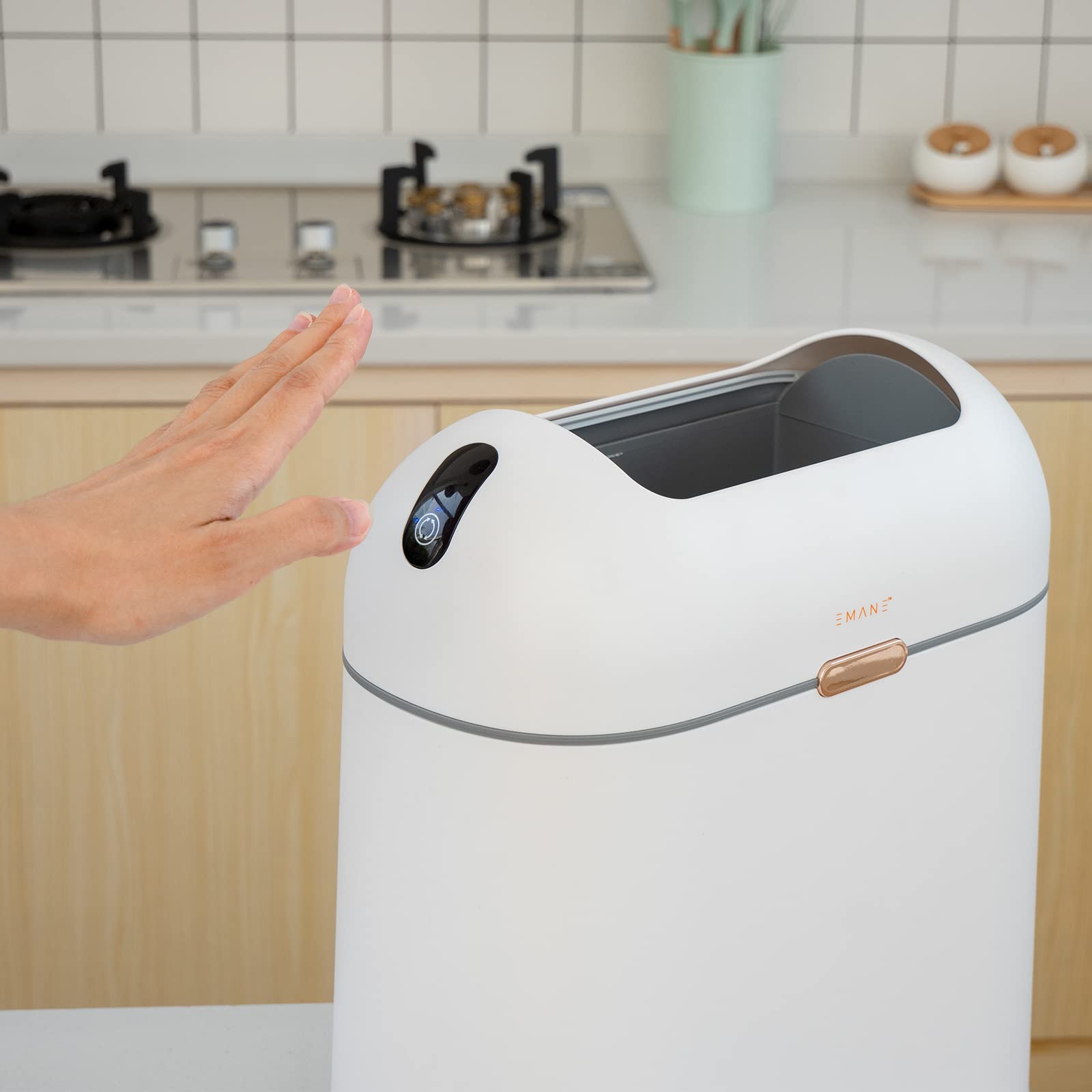 EMANE 13 Gallon Motion Sensor Trash Can with Butterfly Lid - Touchless Automatic Garbage Bin, Waterproof & Odor-Proof for Kitchen, Bathroom, Office - White with Golden Button (Ideal for Hands-Free Waste Disposal in High-Traffic Areas)