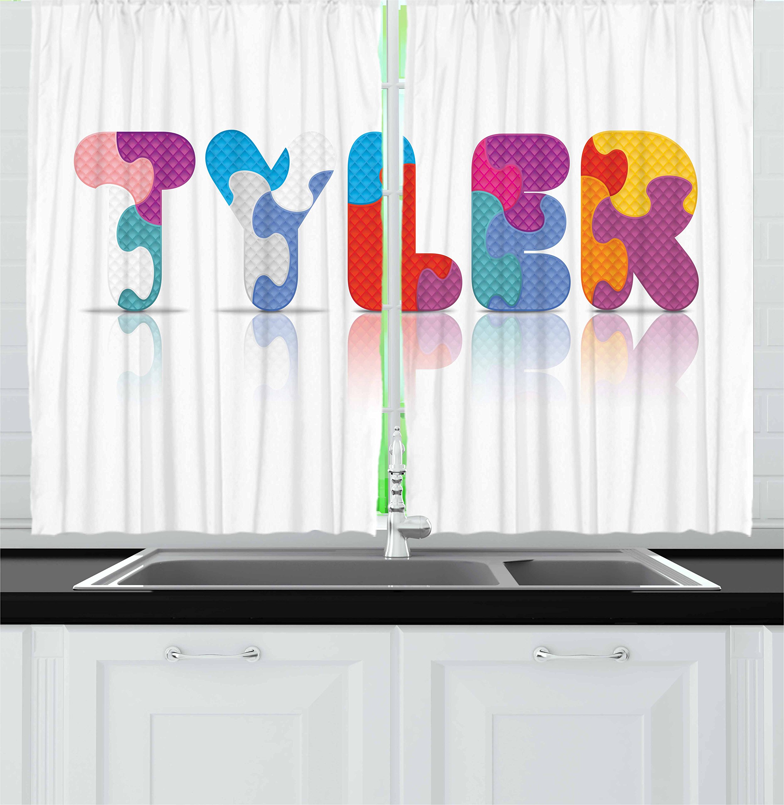 Ambesonne Tyler Kitchen Curtains - Colorful Letter Arrangement Name Design, 2 Panel Window Drapes Set for Kitchen & Cafe Decor, 55