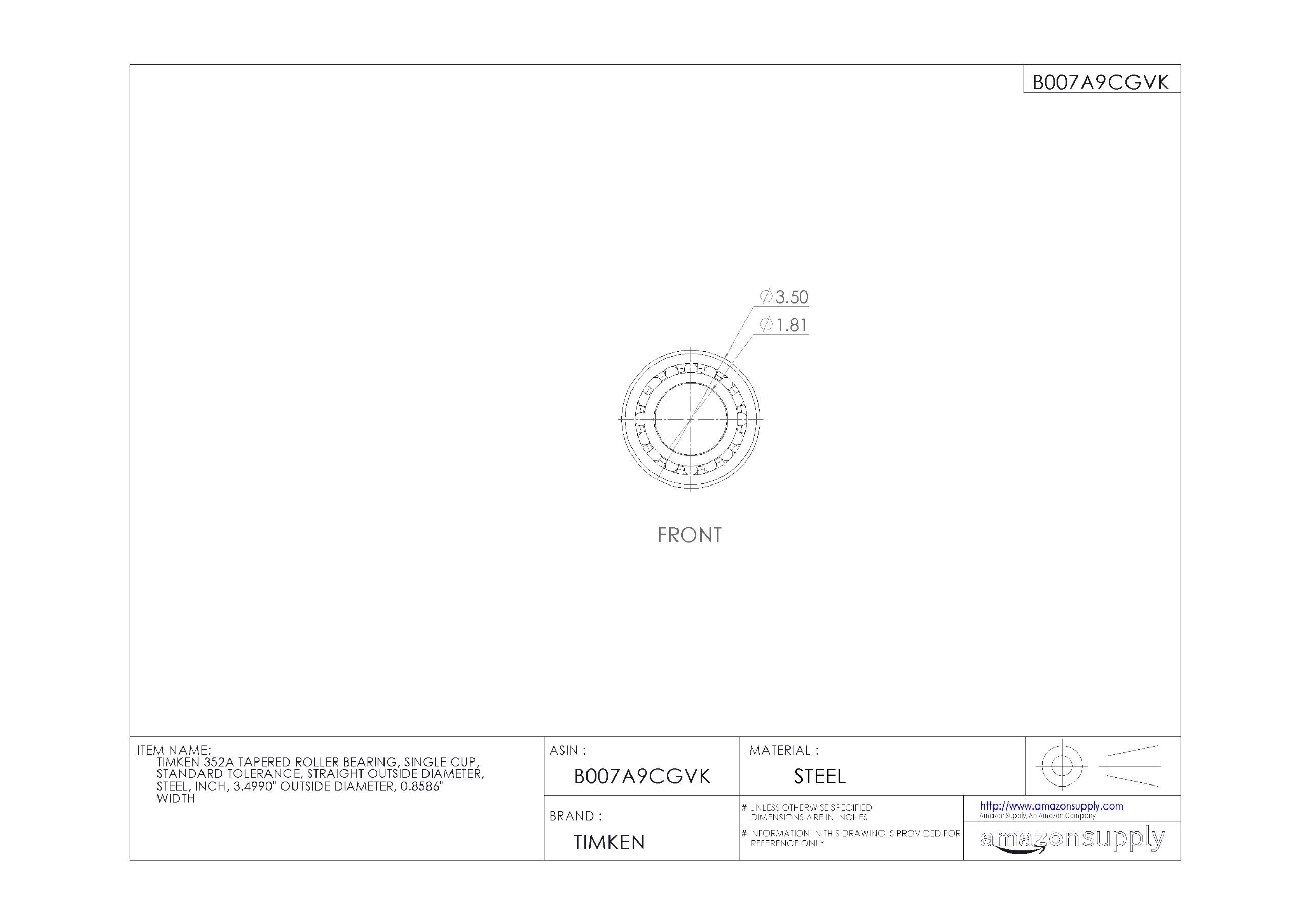 Timken 352A Tapered Roller Bearing - Single Cup, Standard Tolerance, Steel Construction, 3.4990