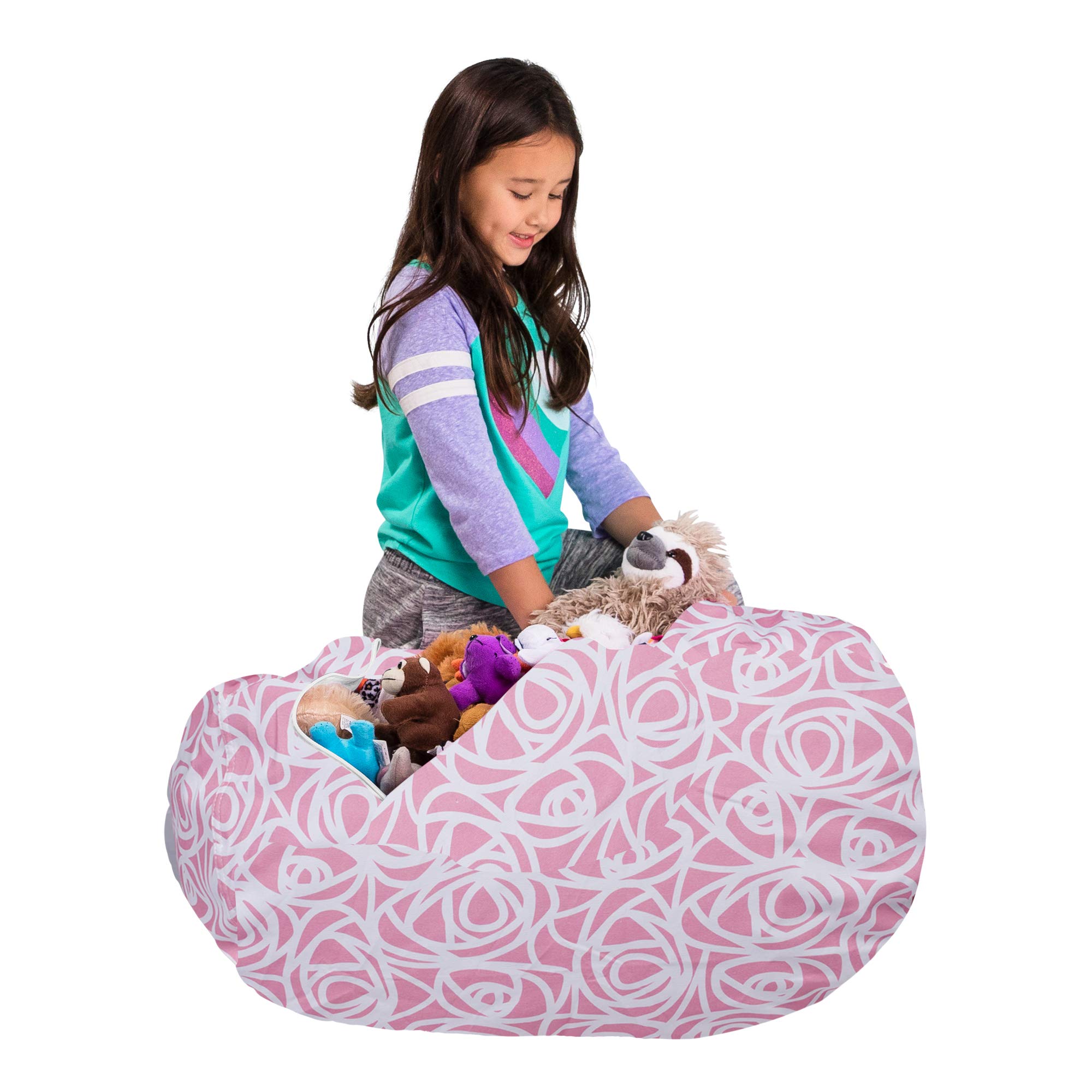 Posh Creations Kids Stuffed Animal Storage Bean Bag Chair Cover - Large 38in Toy Organizer for Children, Pink Canvas Roses Design - Perfect for Nursery, Playroom & Bedroom Organization