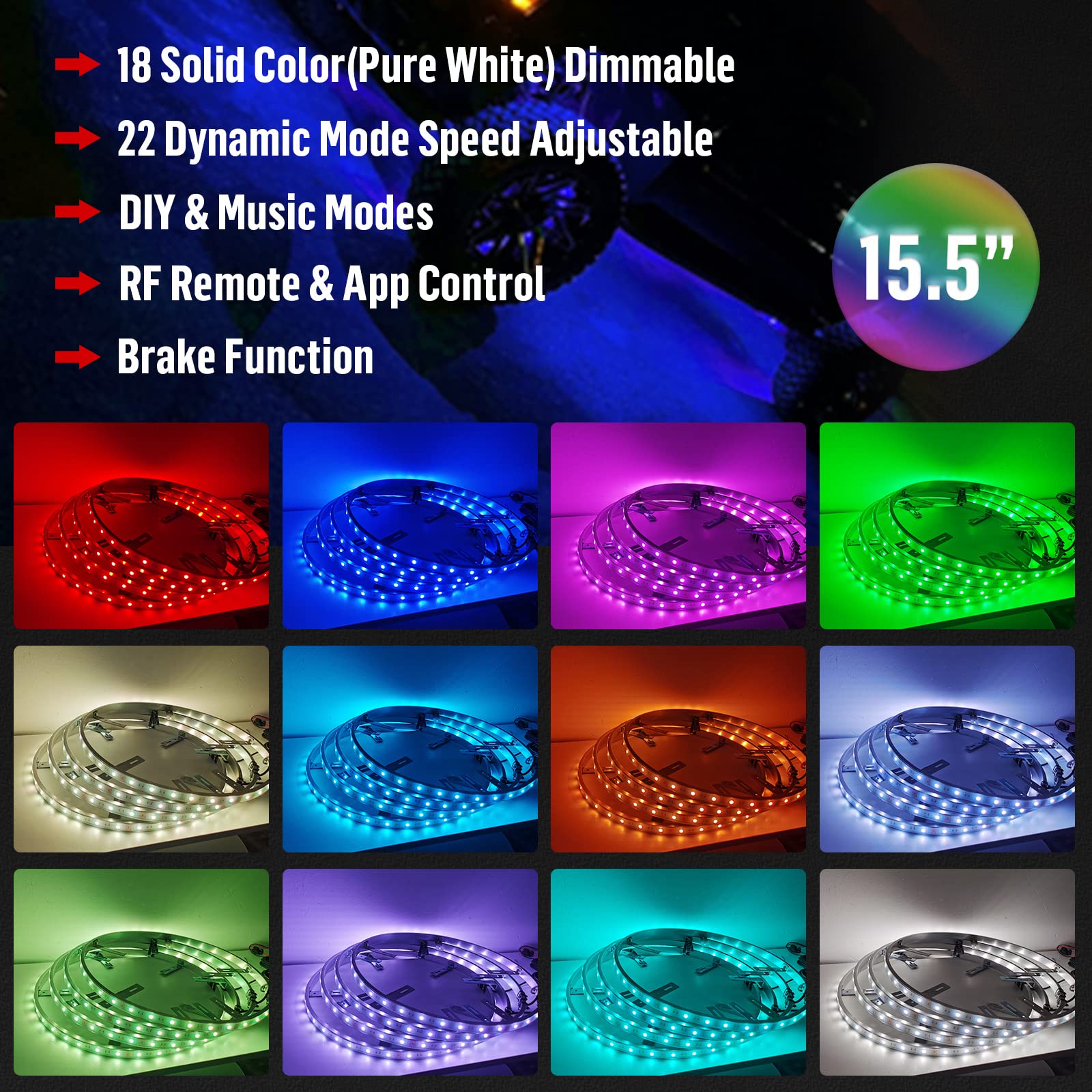 15.5in 144LED RGBW Auto Wheel Ring Lights - Brightest Multi-Color LED Rim Lights with RF Remote & App Control for Trucks & Cars | Enhance Night Driving & Car Shows