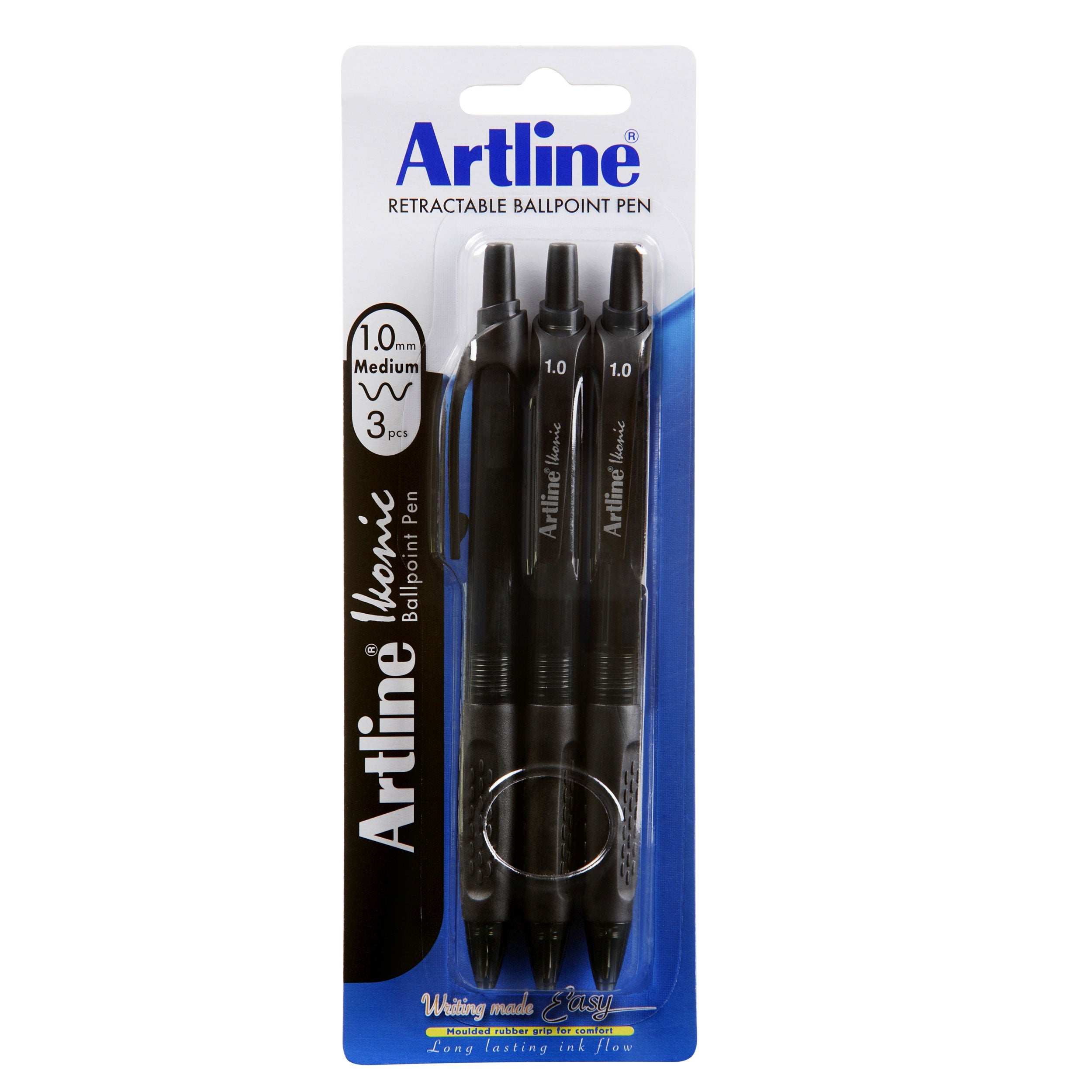Artline Ikonic Retractable Grip Ballpoint Pen - Medium Point (0.7mm) Black Ink - 3 Pack - Smooth Writing for Office, School & Note Taking