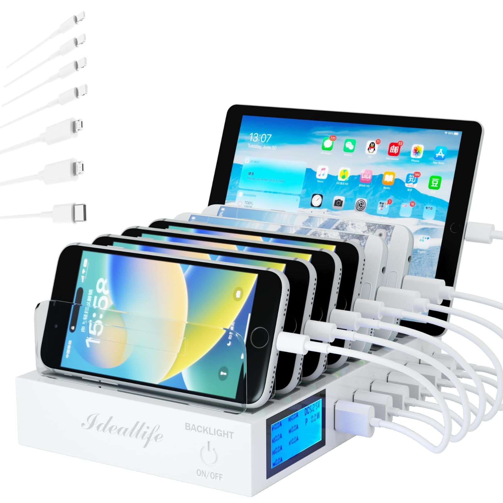 70W 7-Port USB Charging Station with PD & QC3.0 - Desktop Docking Organizer for Phones & Tablets | Includes 7 Short Mixed Cables | Perfect for Home, Office & Travel Charging Needs