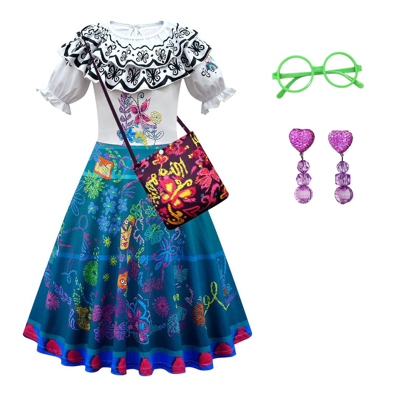 Mirabel Girls Encanto Isabela Cosplay Costume - Princess Fancy Dress with Bag & Earrings for Halloween, Birthday Party & Dress-Up Play