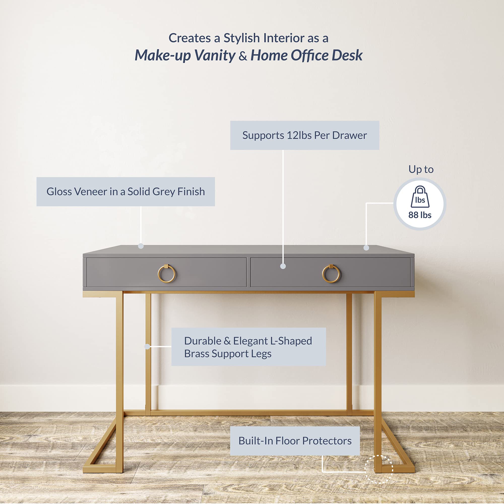 BELLEZE 45 Inch Modern Makeup Vanity Dressing Table with Storage Drawers & Gold Metal Frame - Chelsea Gray | Home Office Desk for Women, Computer Laptop Writing Workstation | Perfect for Bedroom, Dressing Room & Small Space Home Office Setup
