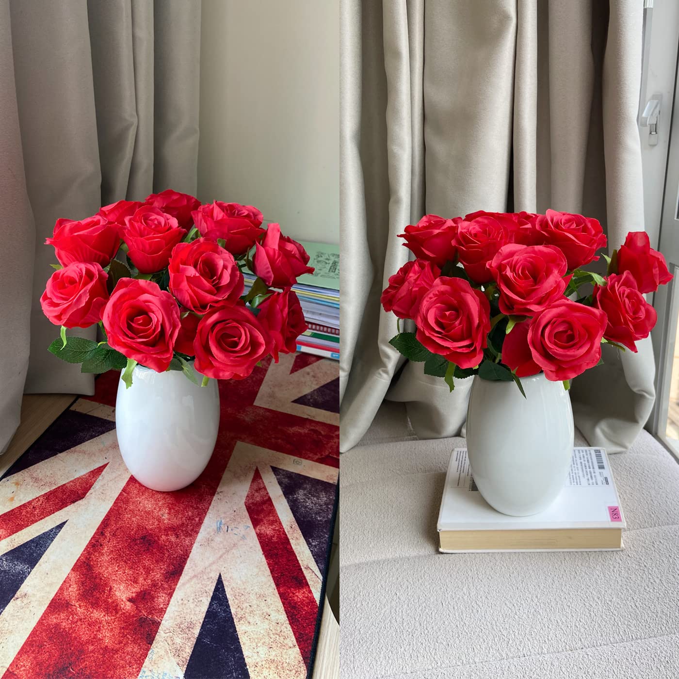 12 PCS Realistic Artificial Silk Roses with Long Stems - Fake Rose Flower Bouquets for Wedding, Home, Party Decoration - Perfect for Centerpieces, DIY Arrangements & Gift Giving (Red)