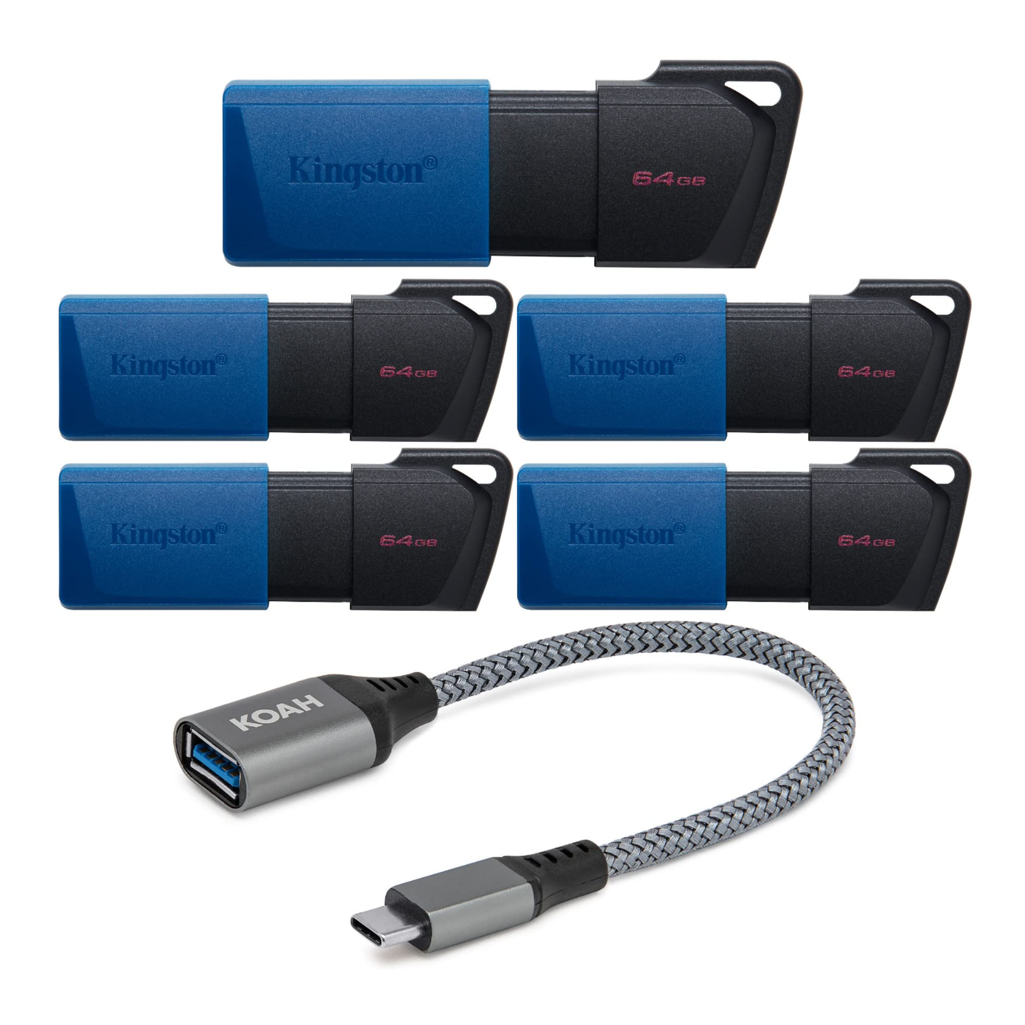 Kingston DataTraveler Exodia M 64GB USB 3.2 Flash Drive 5-Pack with USB-C Adapter - High Speed Portable Storage for PC, Mac, Phones - Perfect for Office, School, Travel & Data Backup