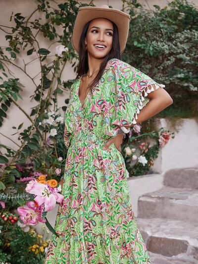 Boho Midi Dress with Tassel Sleeves - Flowy Beach Resort Dress for Women, Perfect for Vacation, Summer Parties & Tropical Getaways