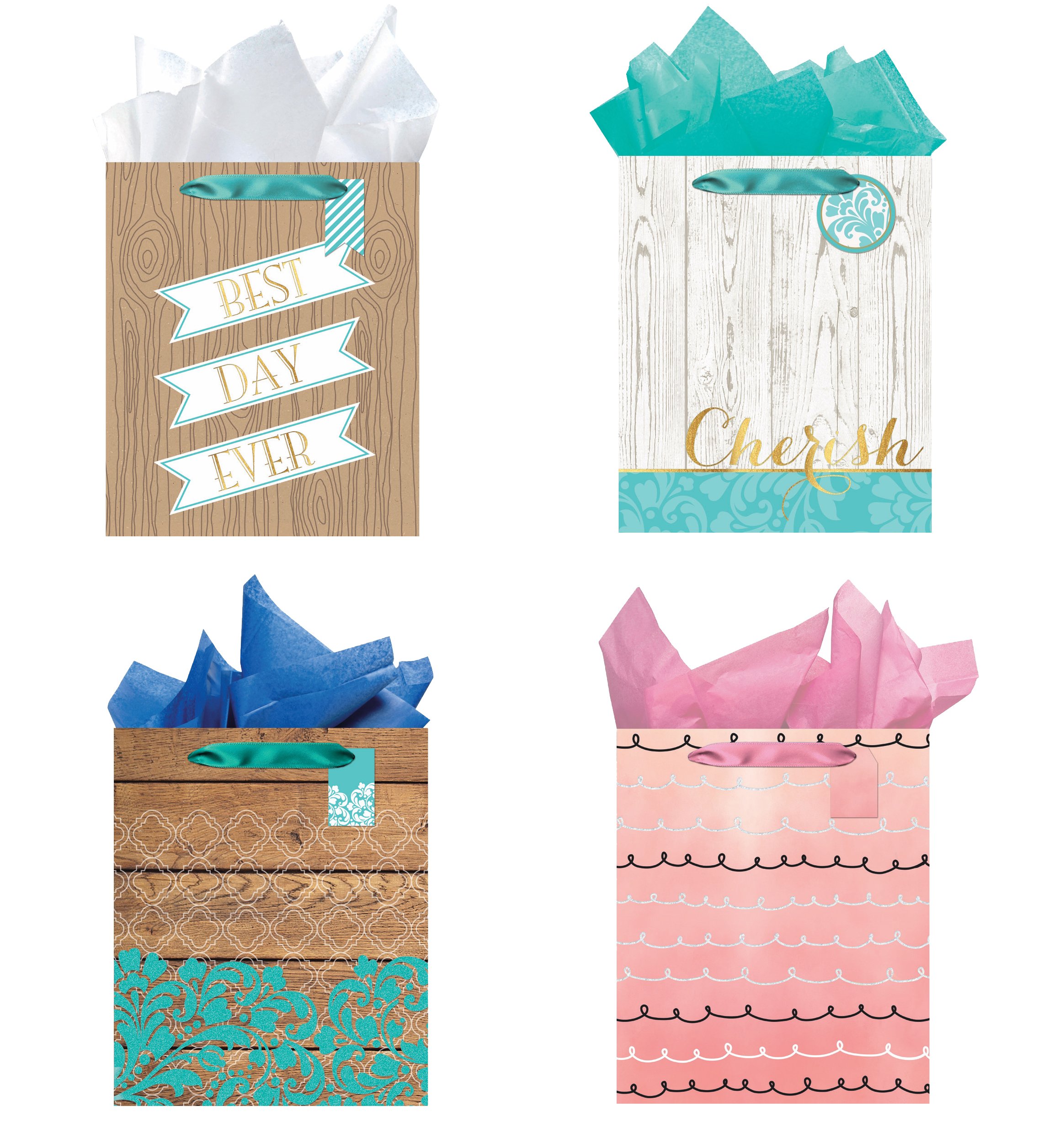 All Occasion Party Gift Bags - Set of 4 Large Premium Gift Bags with Tags & Tissue Paper | Perfect for Birthday, Wedding, Baby Shower & Holiday Gifts
