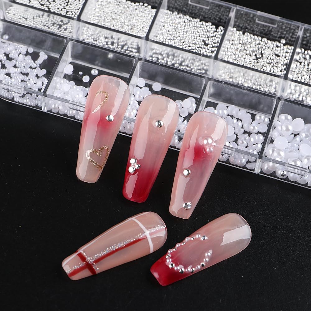Dornail 12 Grids White Pearl Beads for Nails - Half Round Stainless Steel Caviar Beads & Flatback Pearls - DIY Nail Art Charms for Women - Perfect for Nail Decoration, Manicures, and Crafting Projects