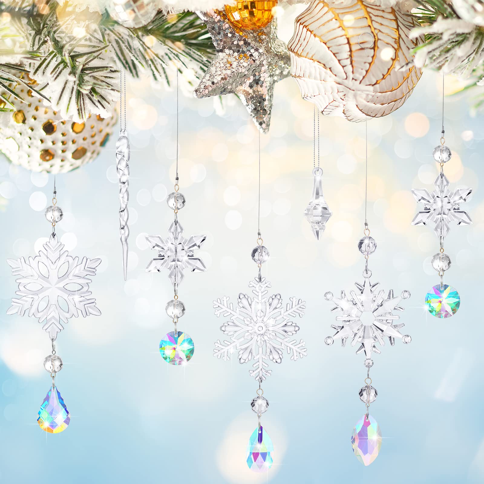 Christmas Snowflake Ornaments Set - Crystal Acrylic Hanging Decor with Silver Rope for Tree, Icicle Drops | Perfect for Holiday Home Decor, Xmas Party & Winter Wedding