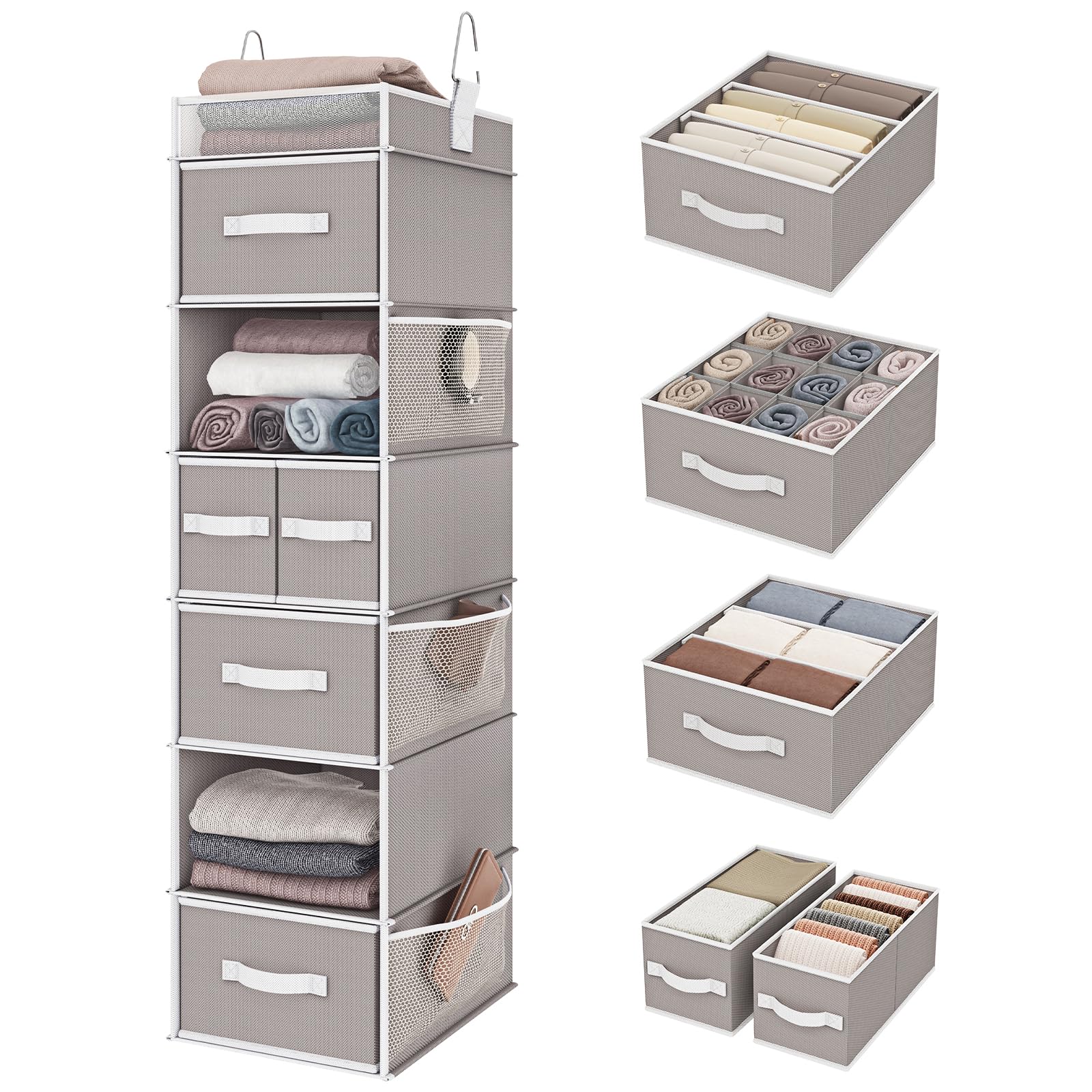 Fixwal 7-Shelf Hanging Closet Organizer with 5 Removable Drawers & 6 Side Pockets - Space Saving Storage for Bedroom, Closet, or Garment Rack - Light Gray - Perfect for Organizing Clothes, Shoes, Toys & Accessories