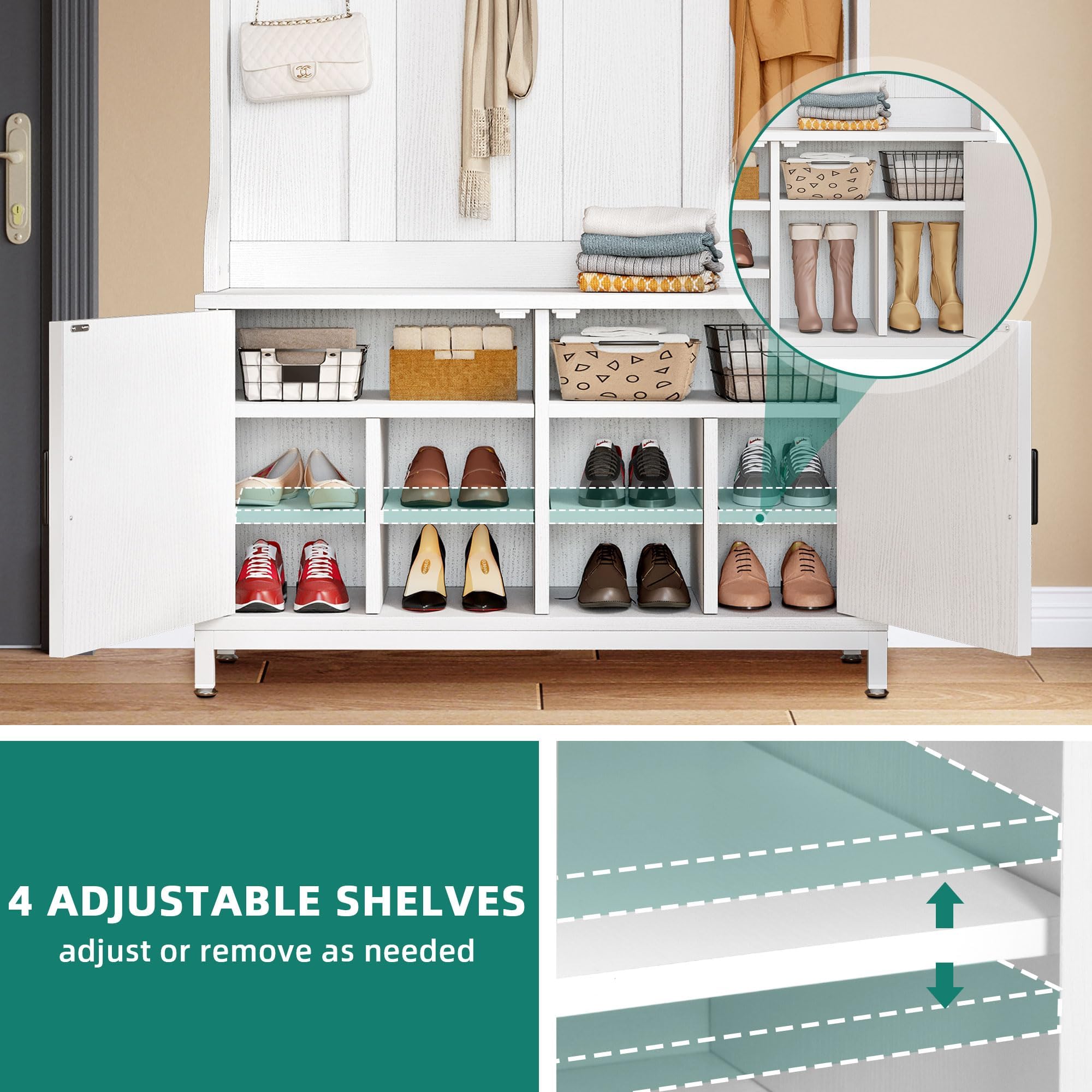 YITAHOME 4-in-1 Entryway Hall Tree with Shoe Storage Bench, Coat Rack & Hanging Hooks - Adjustable Shoe Organizer for Foyer, Mudroom & Home Entrance - Perfect for Storing Shoes, Coats & Accessories in White