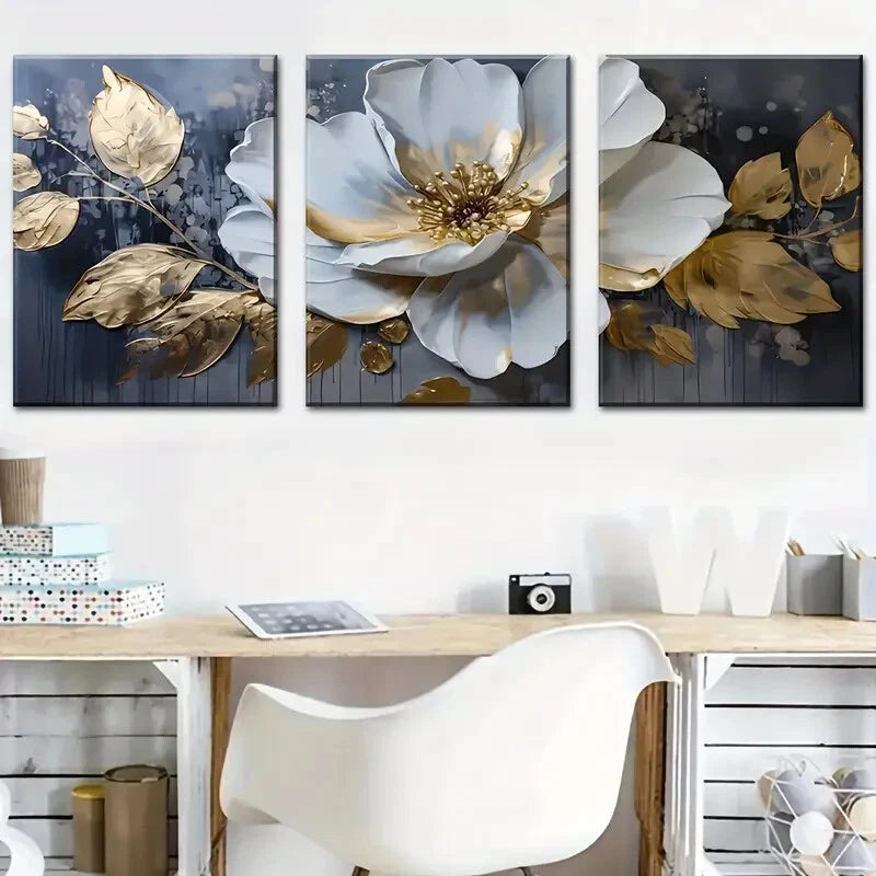 3-Piece Modern Abstract Floral Metal Wall Art - Large White Flower Prints - Ready to Hang Canvas Decor for Living Room, Bedroom & Office