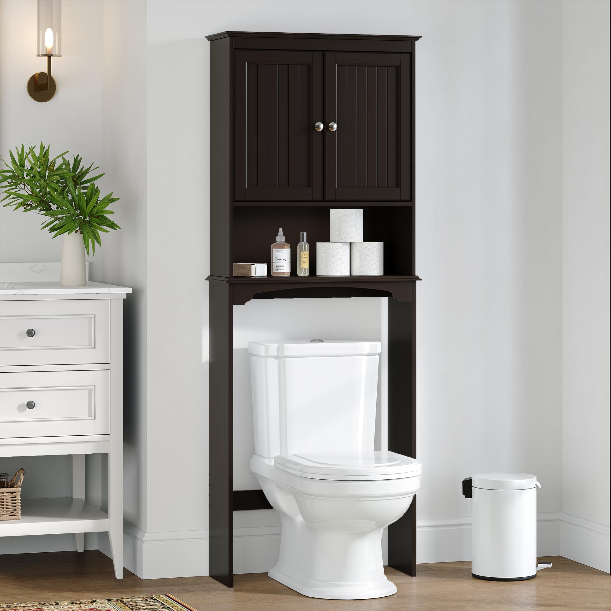 Over The Toilet Storage Cabinet with Adjustable Shelves - Bathroom Organizer with Doors in Espresso Finish | Perfect for Small Bathrooms, Apartments & Powder Rooms