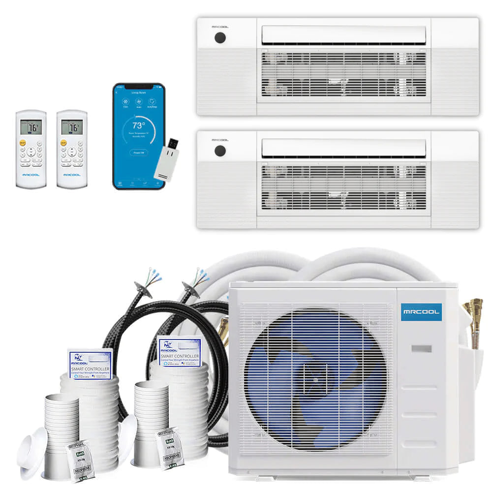 MRCOOL DIY 4th Gen 2 Zone 18,000 BTU 21 SEER Ductless Mini Split Air Conditioner and Heat Pump System with Ceiling Cassettes (9K + 12K) - Perfect for Home, Office, and Garage Cooling & Heating