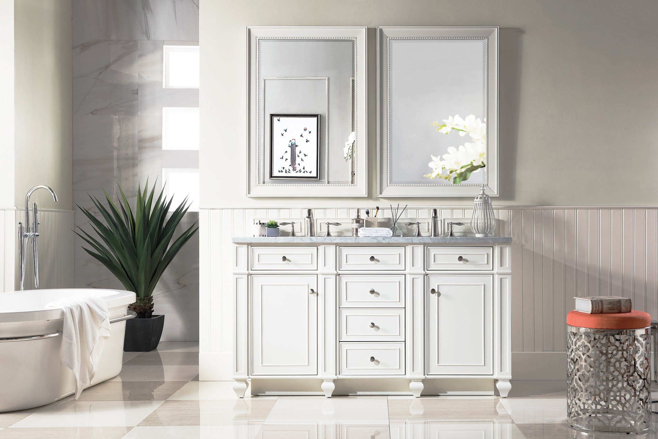 Bristol 60 Inch Double Bathroom Vanity Set with Carrara Marble Top - Bright White Finish for Modern Master Bathroom & Guest Bath Remodel